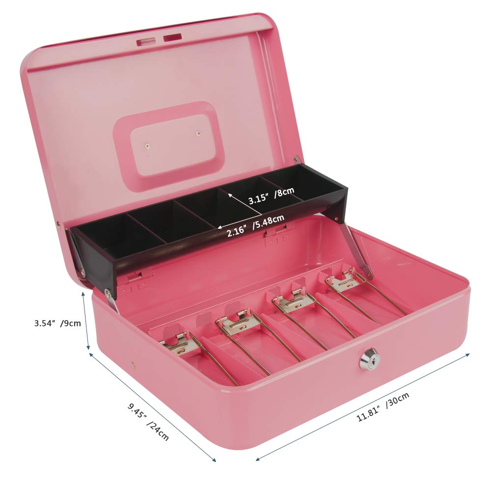 KYODOLED Large Locking Cash Box with Key - 11.81x9.45x3.54 Inch Money Safe Box with Cash Tray & Lock - Pink XL Money Organizer for Home, Office, Retail Store Cash Management