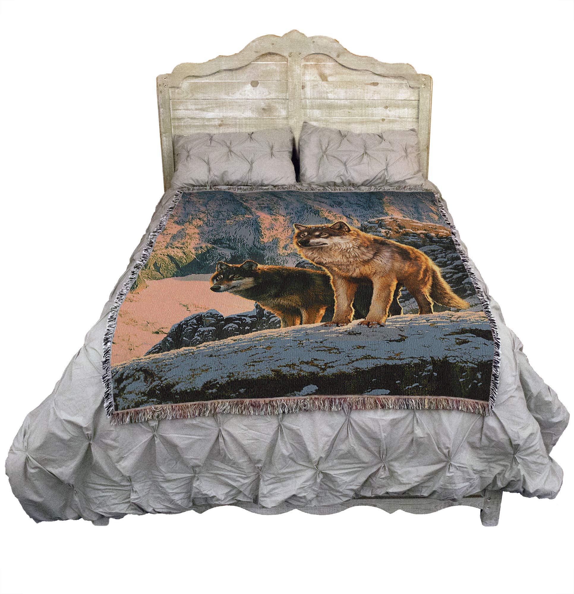 Vincent HIE Wolf Couple in Sunset Cotton Tapestry Throw Blanket - Handwoven in USA - 72x54 Inches - Perfect for Sofa, Bed & Home Decor Gift