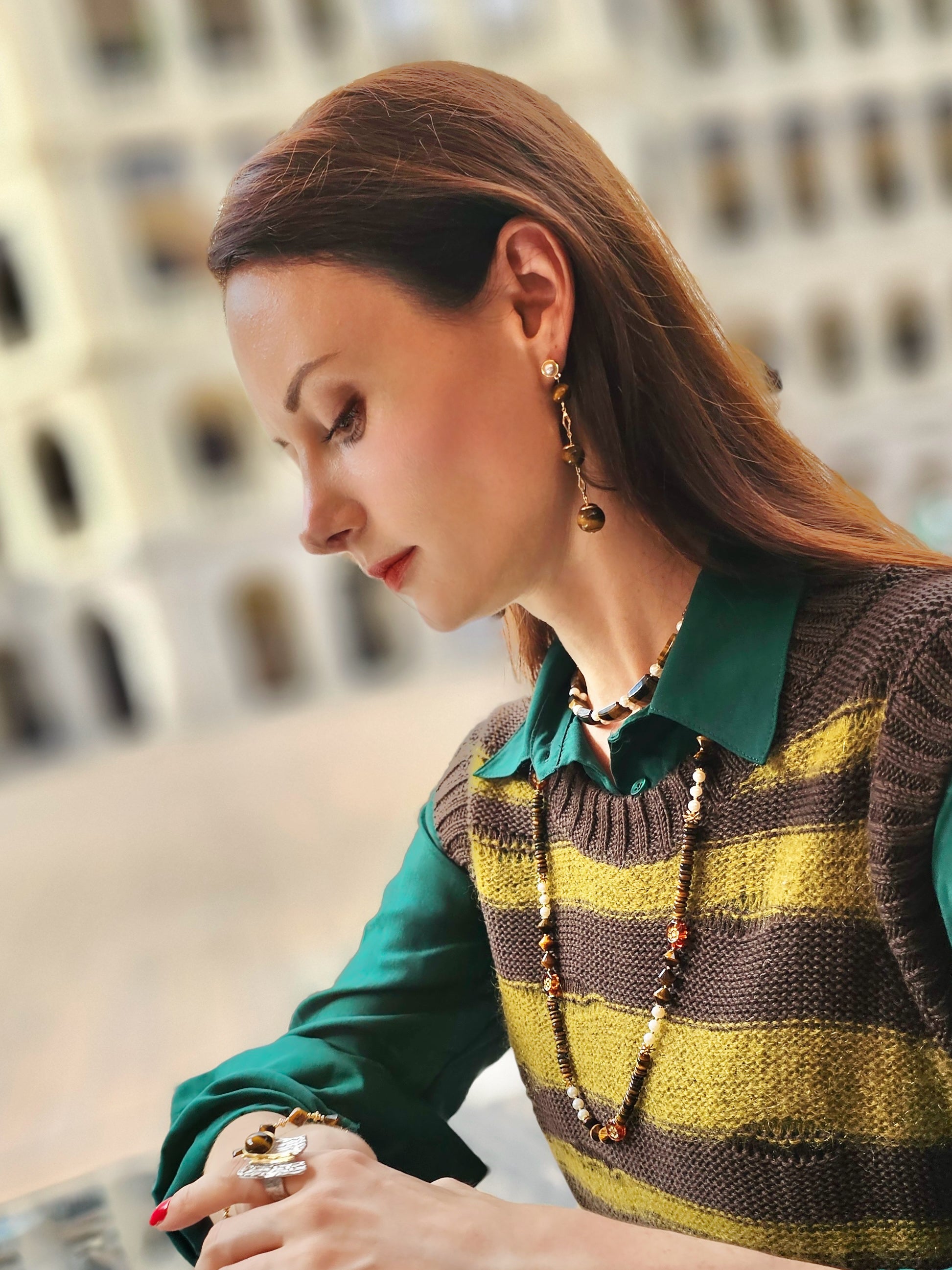 Tiger Eye Stone Shoulder Dangle Earrings NE021 - Elegant Boho Jewelry for Women, Perfect for Parties, Weddings & Everyday Wear