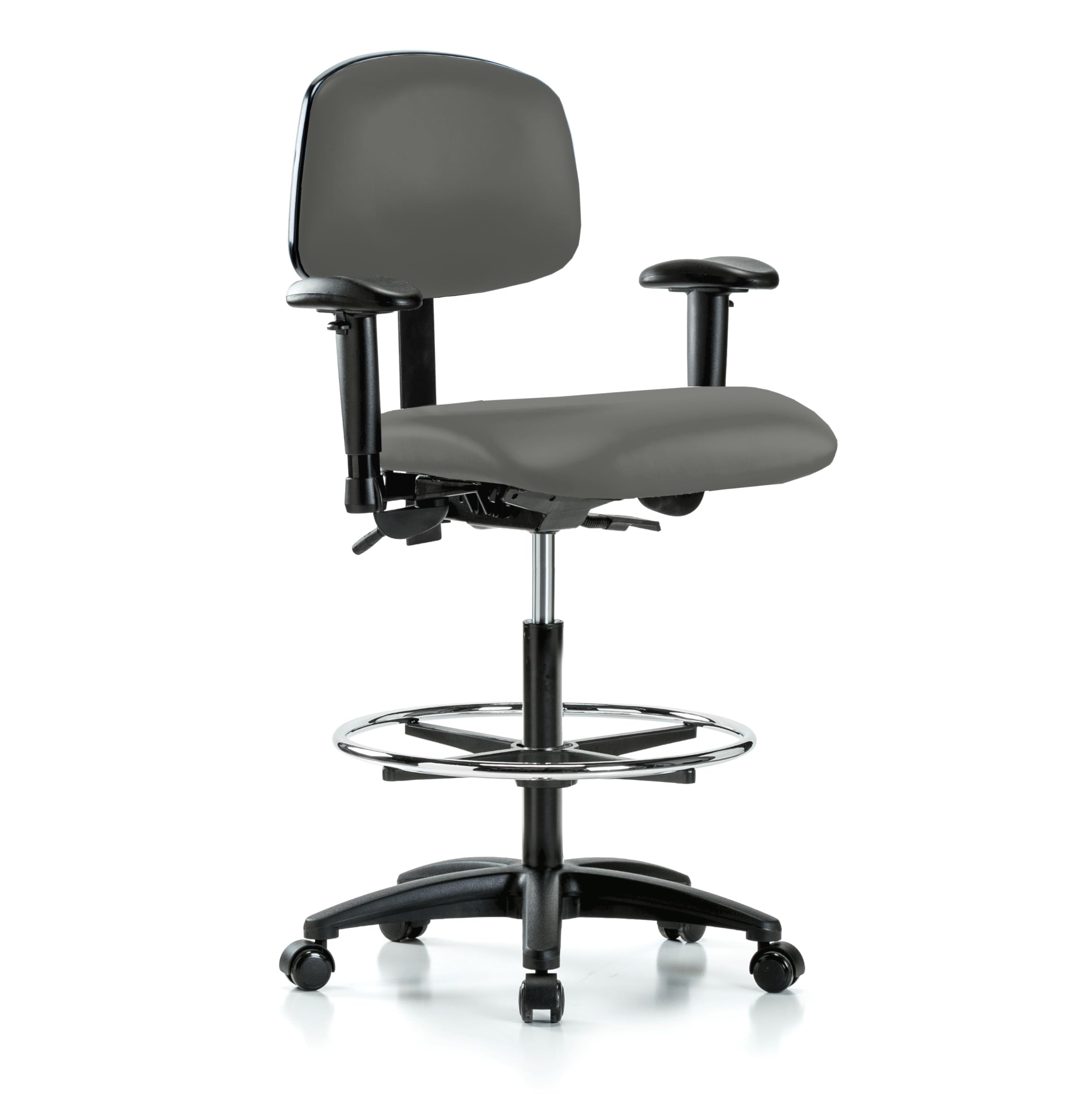 Multi-Task Swivel Chair with Footrest & Wheels - Adjustable Counter Height Bar Stool for Office, Kitchen, or Study - Charcoal Vinyl Upholstery - Works on Carpet & Hard Floors