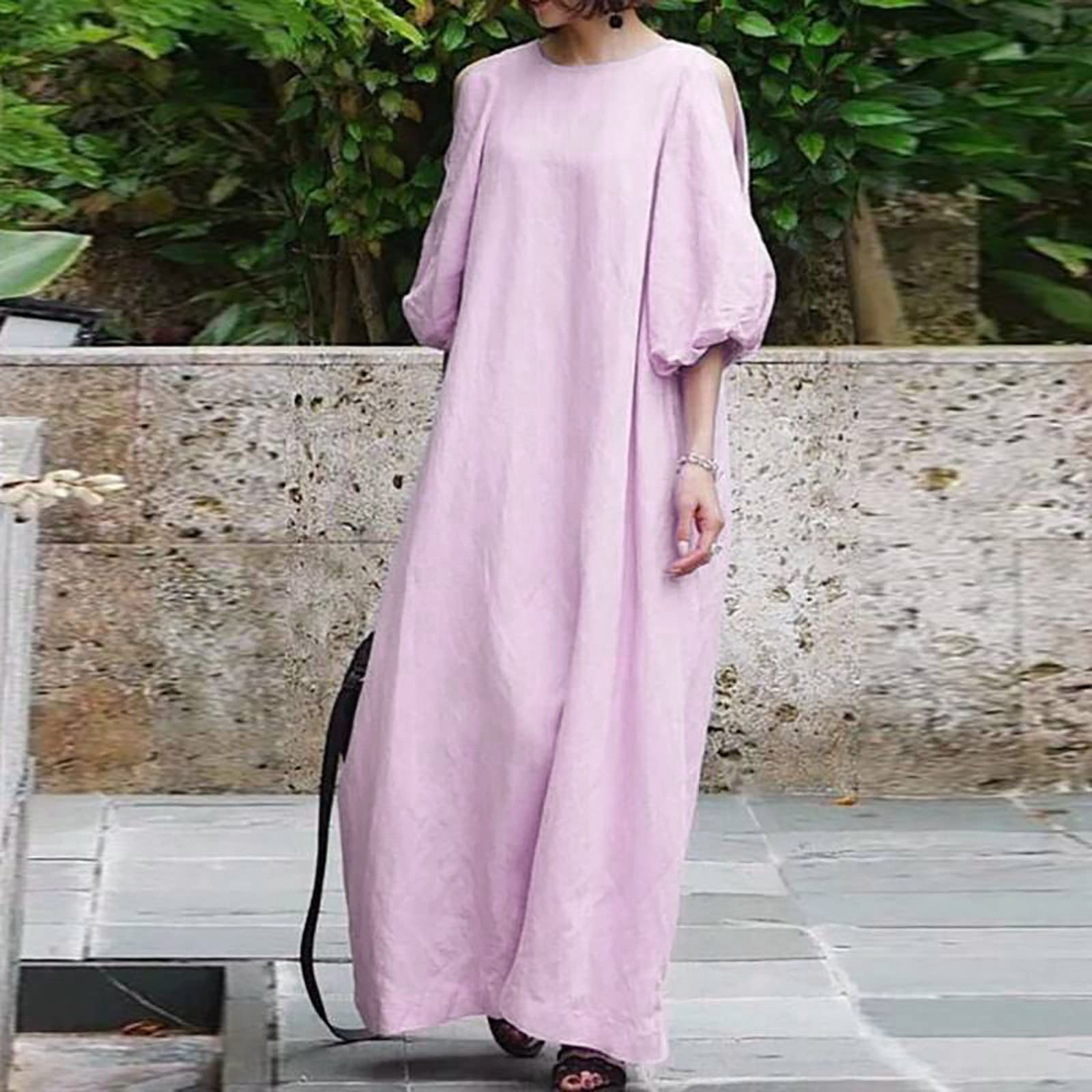 JOAU Women's Maxi Dress - Plus Size Cotton Linen Summer Dress with Puff Sleeves | Solid Color Boho Kaftan Dress for Beach, Vacation & Casual Wear