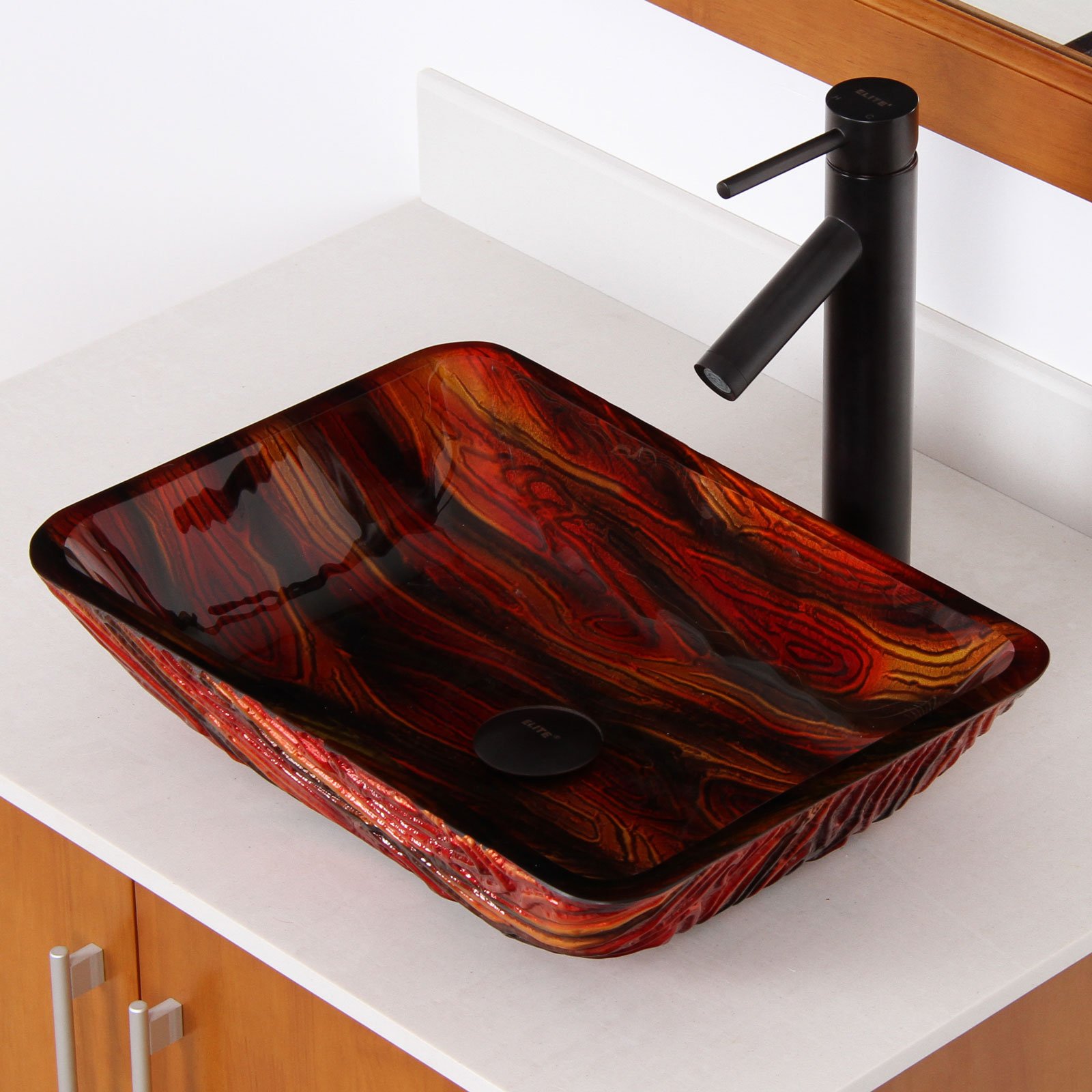 Premium Lava Rock Rectangular Tempered Glass Bathroom Vessel Sink with Oil Rubbed Bronze Faucet Set - Modern Vanity Sink for Contemporary Bathroom & Powder Room Decor