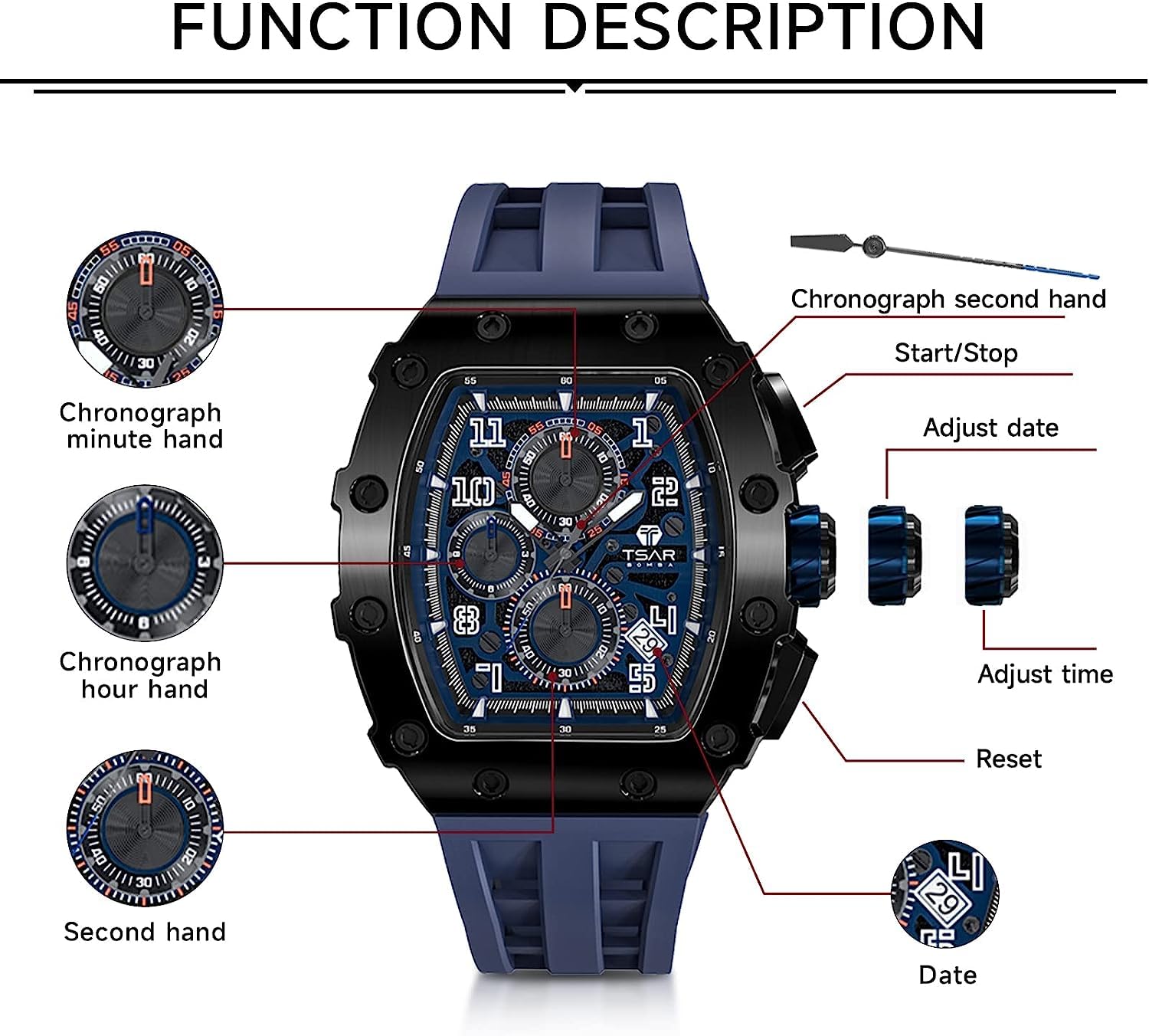 TSAR BOMBA Men's Luxury Chronograph Watch - 50M Waterproof, Luminous, Date Display, Japanese Quartz Movement, Sapphire Crystal, Silicone Strap - Fashion Sport Watch for Men - Perfect for Business, Casual Wear & Outdoor Activities