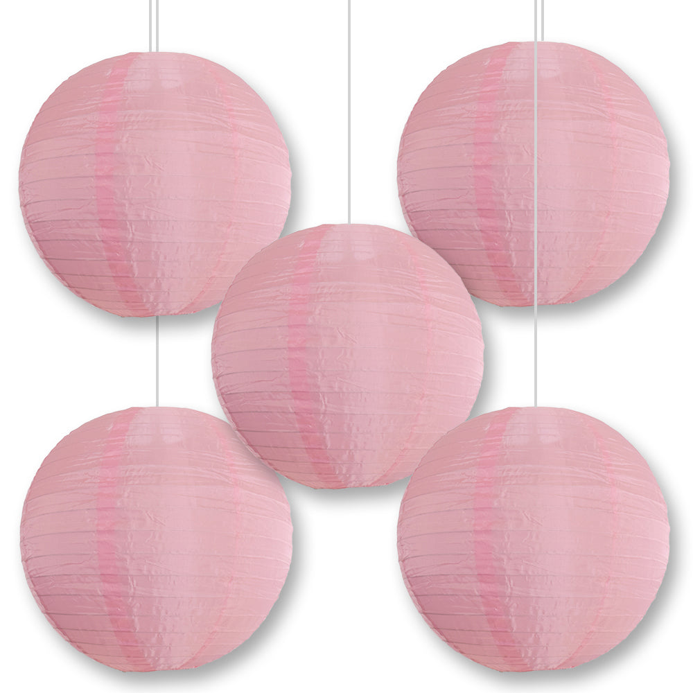 5 Pack 14 Inch Pink Shimmering Nylon Lanterns - Durable Parallel Ribbing Design for Indoor/Outdoor Hanging Decor - Perfect for Weddings, Parties, and Garden Lighting