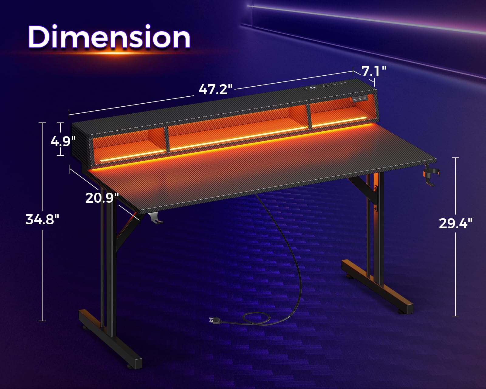 48 Inch LED Gaming Desk with Power Outlets & Floating Monitor Stand - Carbon Fiber Computer Table for Kids & Teens - Perfect for PC Gaming, Streaming & Home Office Setup