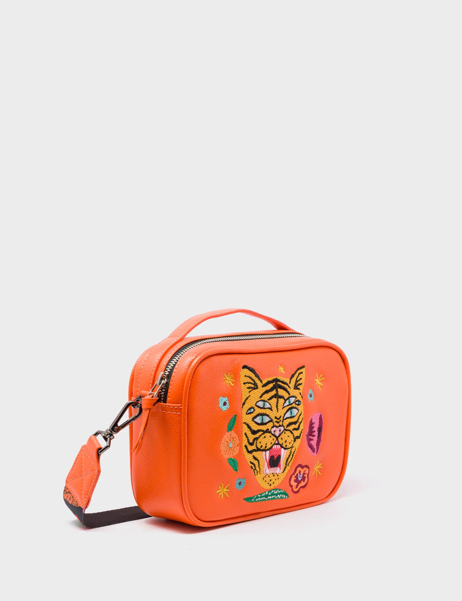 Verto Crossbody Bag - Vermillion Orange Genuine Leather Handbag with Tiger & Floral Embroidery - Perfect for Women's Casual Outings, Travel & Everyday Use
