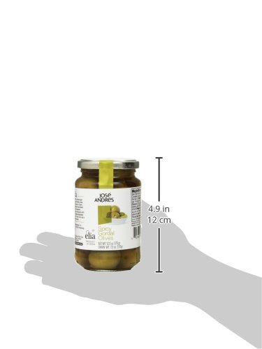 Jose Andres Foods Spicy Gordal Olives - 12.3 oz (348g) | Large Spanish Green Olives with Chili | Perfect for Tapas, Charcuterie Boards & Mediterranean Recipes