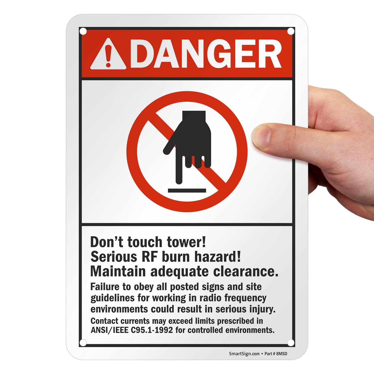 Danger - Don't Touch Tower RF Burn Hazard Sign | 10x7 Inch ANSI Compliant Metal Sign | 40 Mil Laminated Rustproof Aluminum | Red, Black & White | for Electrical Towers, Utility Poles & High Voltage Areas