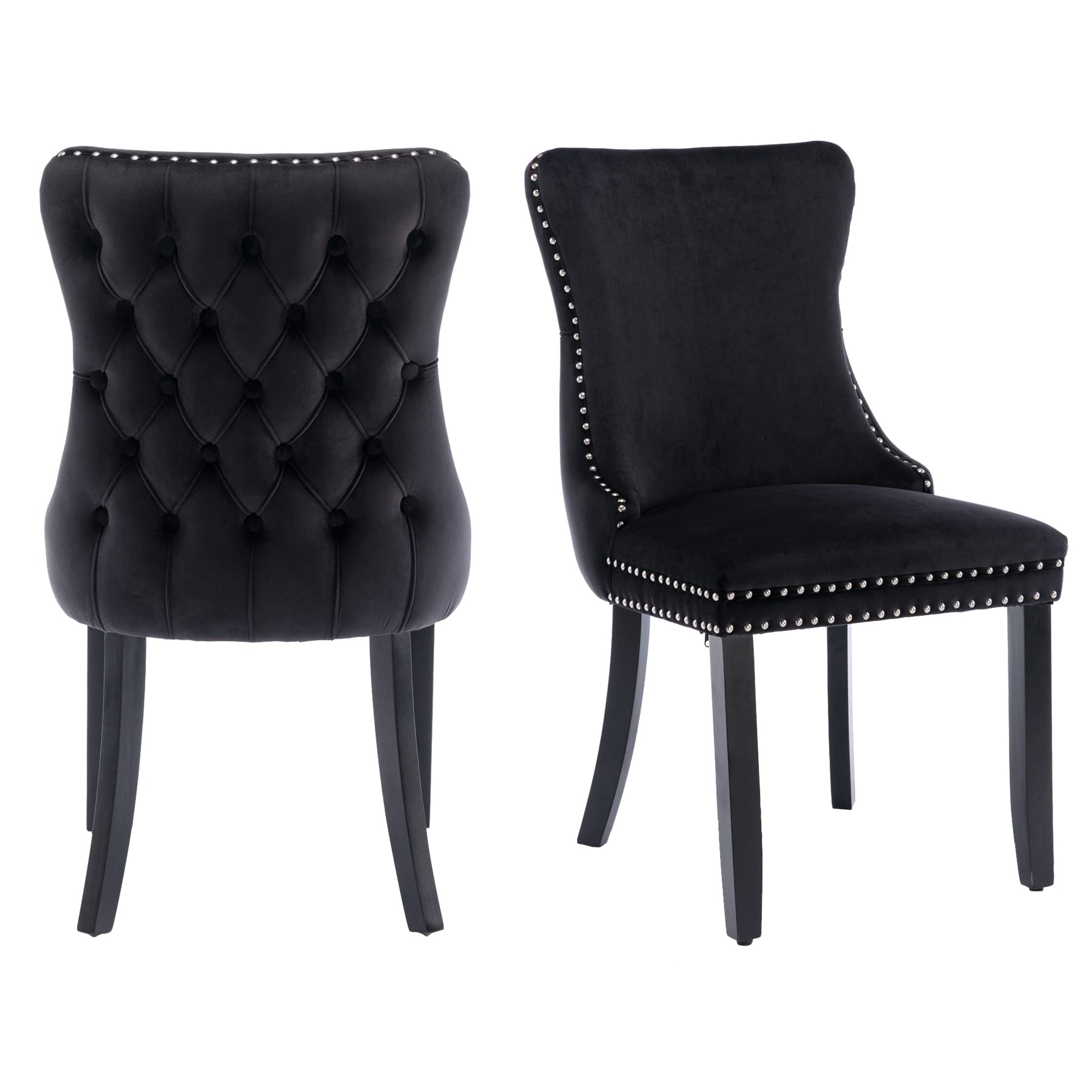 Velvet Upholstered Dining Chairs Set of 2 - Wingback Kitchen Accent Chairs with Solid Wood Legs, Nailhead Trim & Button Tufted Back - Stylish Luxury Elegant Black Dining Room Chairs for Home Decor & Entertaining