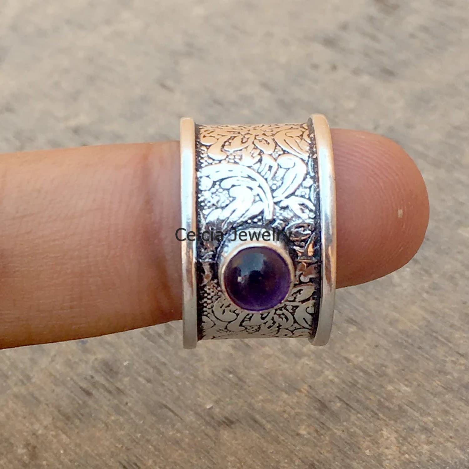 Genuine Amethyst Cabochon Round Spinning Ring - Anxiety Relief Fidget Ring, Worry Silver Spinner Ring for Meditation, February Birthstone Jewelry, Mothers Day Gift (US Size 7) - Perfect for Stress Relief, Focus & Mindfulness Practice