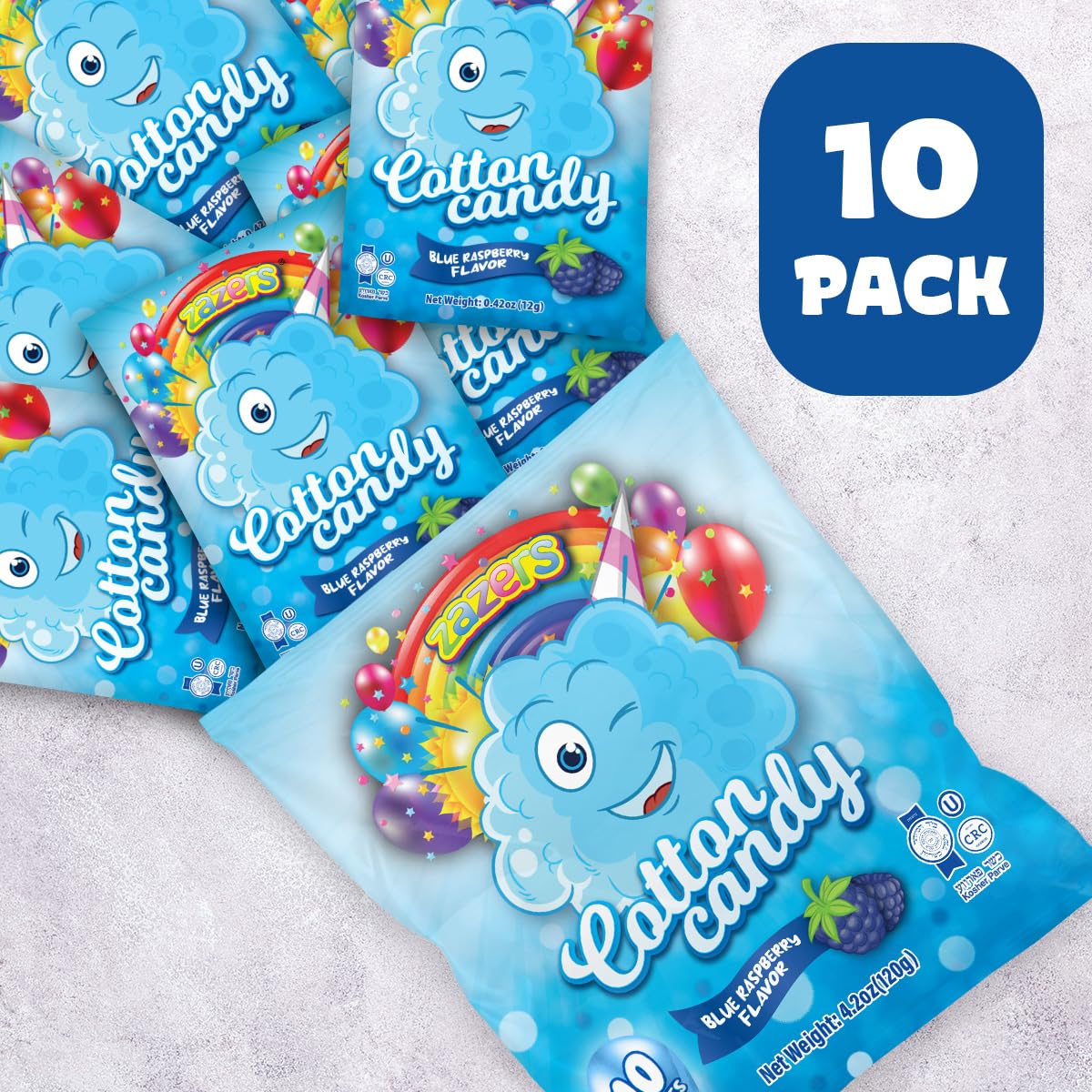 Blue Raspberry Cotton Candy 10 Pack - 0.42oz Individually Wrapped Bags (10 Count) | Kosher, Fluffy Party Favors & Treats for Birthdays, Weddings, Baby Showers & Carnivals | Perfect for Snacking, Gift Baskets & Sweet Table Displays