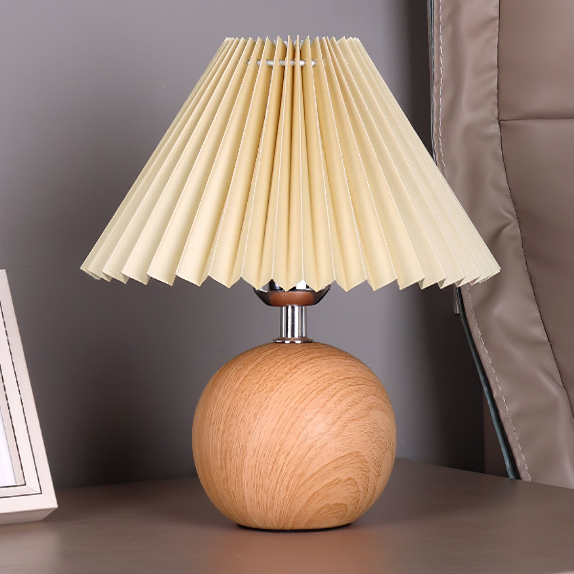 Modern Wooden Pleated Table Lamp - Handcrafted Natural Wood Nightstand Light for Bedroom, Living Room & Office - Warm Ambient Lighting for Home Decor