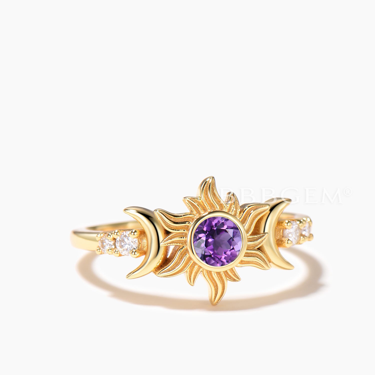 Round Cut Natural Amethyst Sun Engagement Ring - Moissanite Moon Celestial Wedding Band for Women - Perfect for Proposals, Anniversaries & Boho Bridal Jewelry