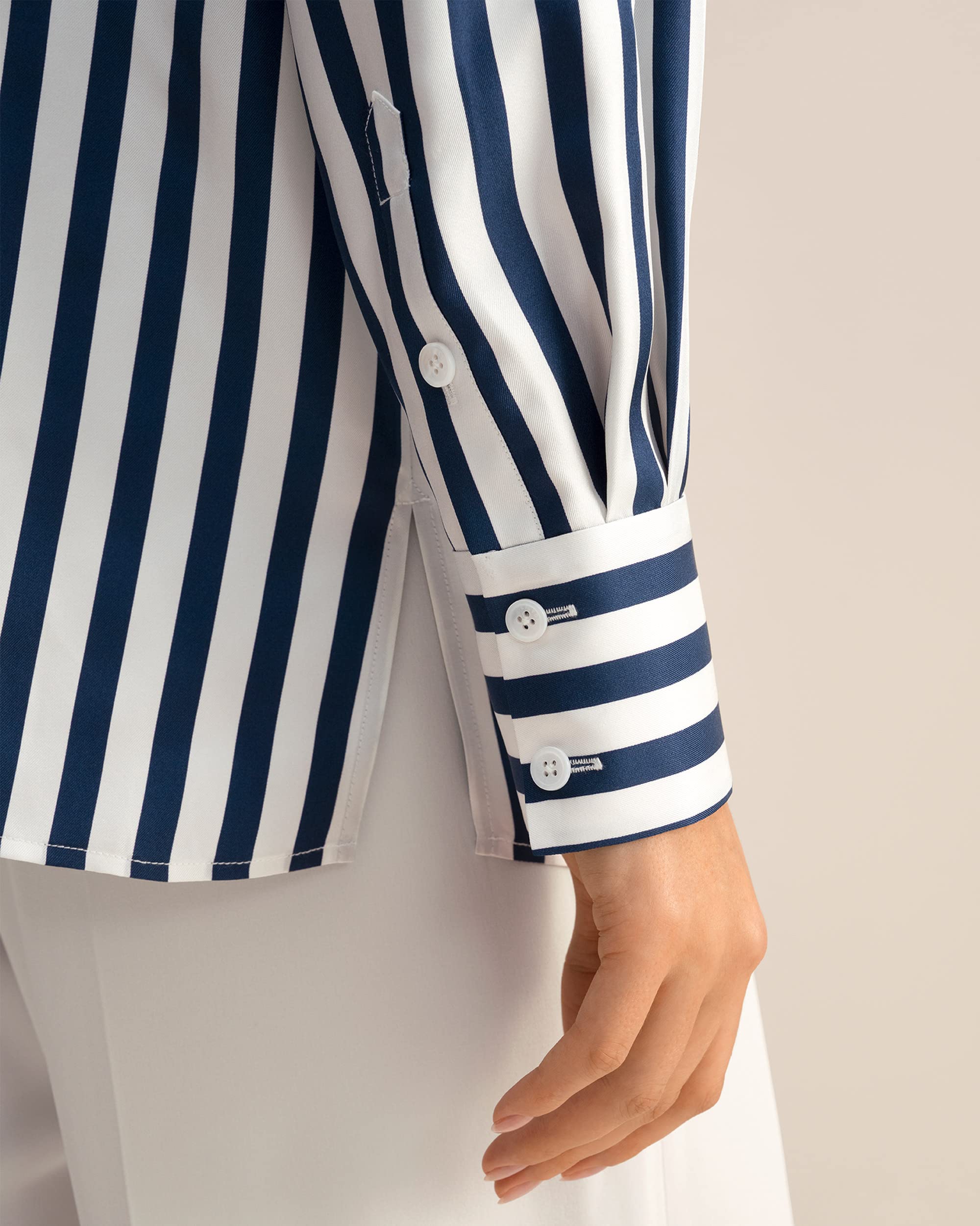 LilySilk Women's 100% Pure Silk Blouse - V-Neck Long Sleeve Blue & White Pinstripe Shirt for Work & Casual Wear | All-Season Comfort | Perfect for Office, Date Night & Special Occasions