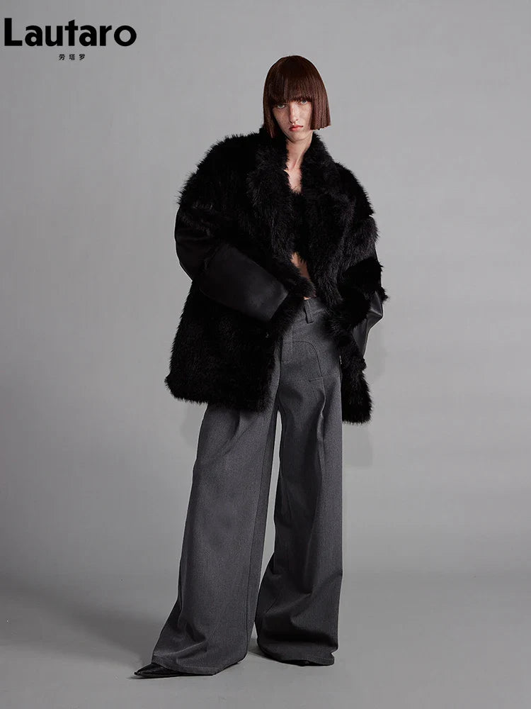 Luxury Women's Faux Sheepskin Coat - Soft Fluffy Jacket for Winter, Warm Thick Black Outerwear, Loose Fit Designer Coat | Perfect for Cold Weather, Casual Outings & Stylish Layering