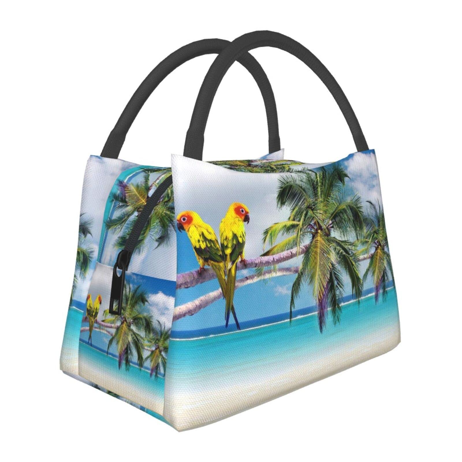 Insulated Lunch Bag for Kids & Women - Tropical Beach Parrots on Palm Tree Design, Reusable Tote Lunch Box for School, Work & Picnics | Perfect for Office, Beach Outings & Daily Commute