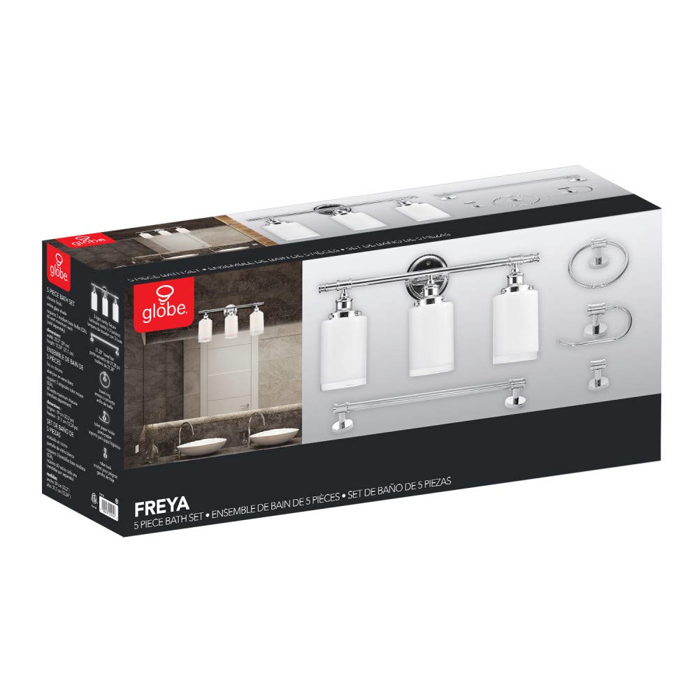 Globe Electric 51414 Freya 5-Piece Bathroom Lighting & Hardware Set - 3 Vanity Lights with White Shades, Towel Bar, Ring, Robe Hook & Toilet Paper Holder in Chrome & Frosted Glass - Perfect for Modern Bathroom Remodel & Home Decor