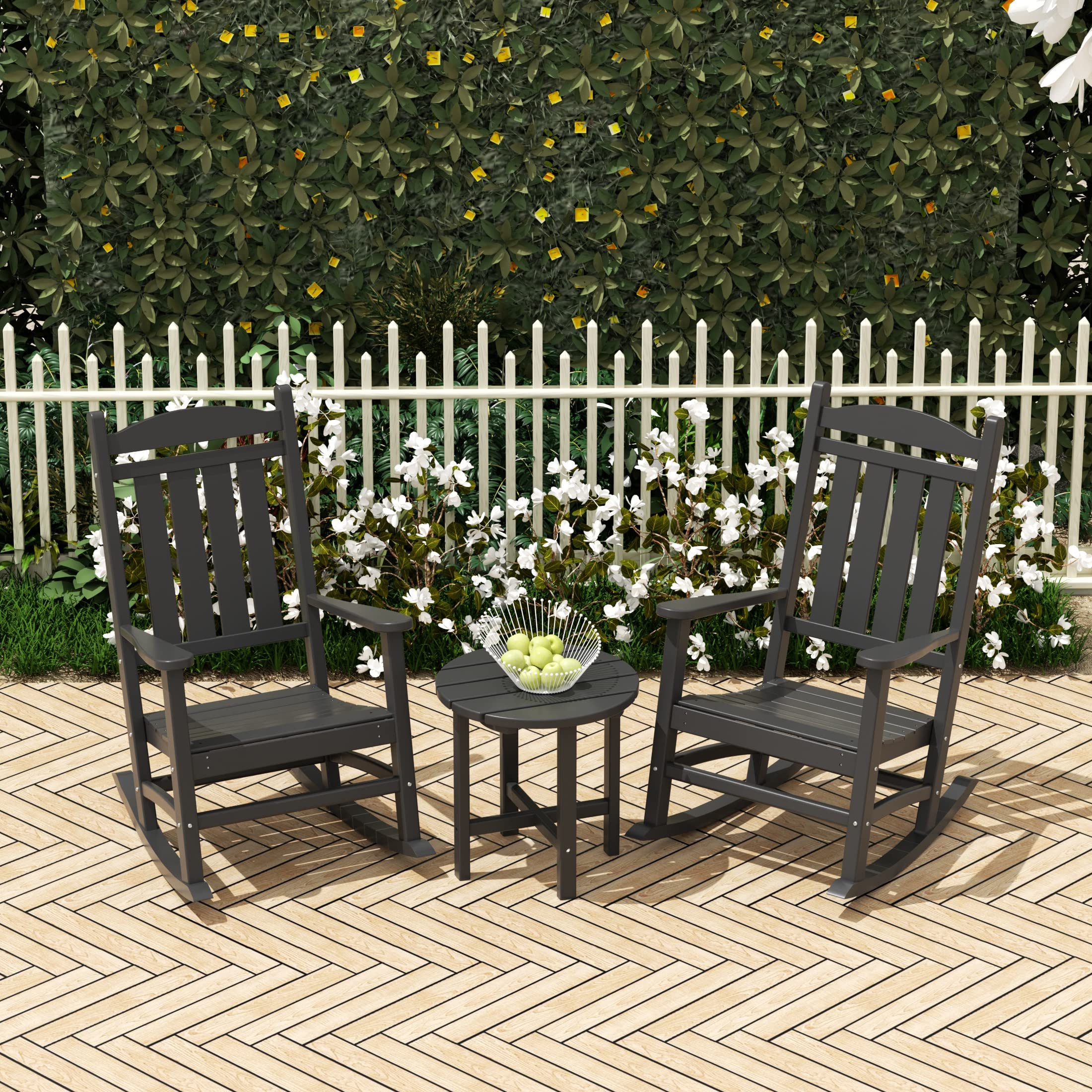 **WO HDPE Outdoor Rocking Chair Set - 3-Piece Traditional Patio Furniture for Garden, Porch & Backyard (Grey) - Relaxing Rocking Chairs for Comfortable Lounging**