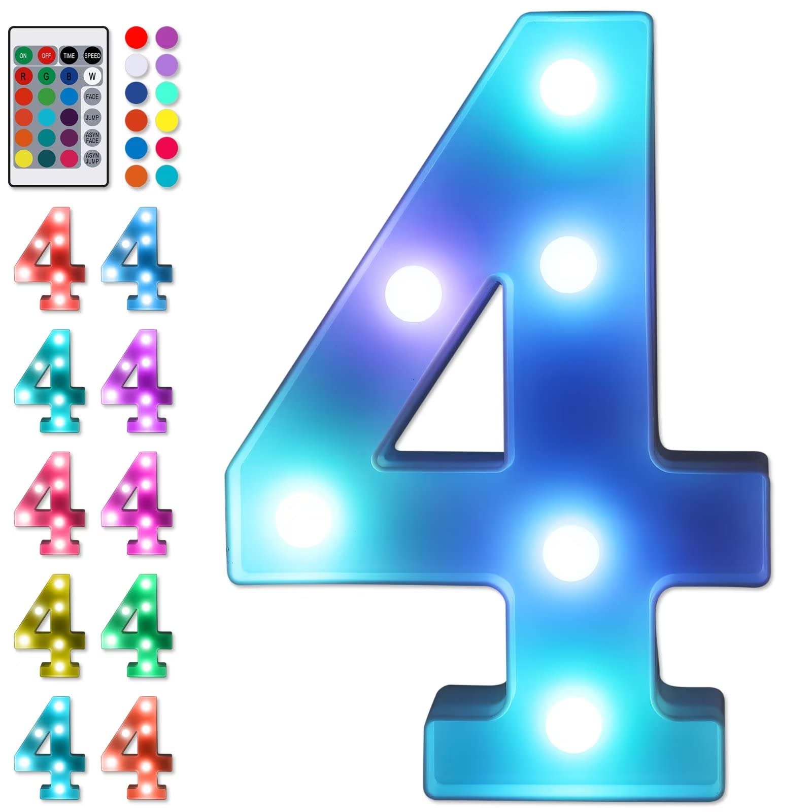 Foaky Colorful LED Number Lights with Remote Control - Battery Powered Light Up Numbers for Night Light, Wedding, Birthday Party, Christmas Decor & Home Bar - Perfect for Wall Decor, Room Lighting & Holiday Celebrations (4)