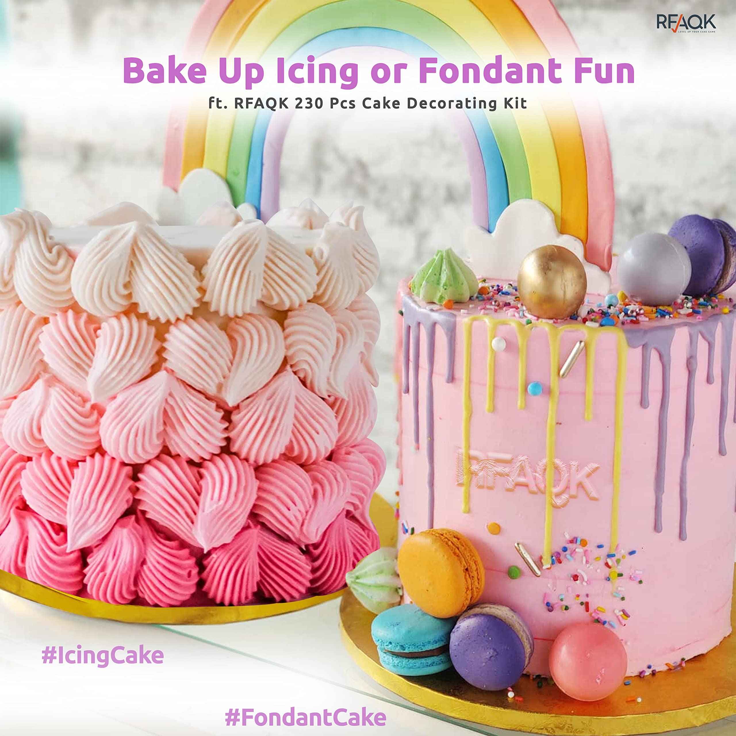 RFAQK 230-Piece Professional Cake Decorating Kit with Turntable, Piping Bags & Tips, Modeling Tools, Cookie Cutters & Icing Smoother - Complete Baking Supplies for Birthday, Wedding & Party Cake Decoration