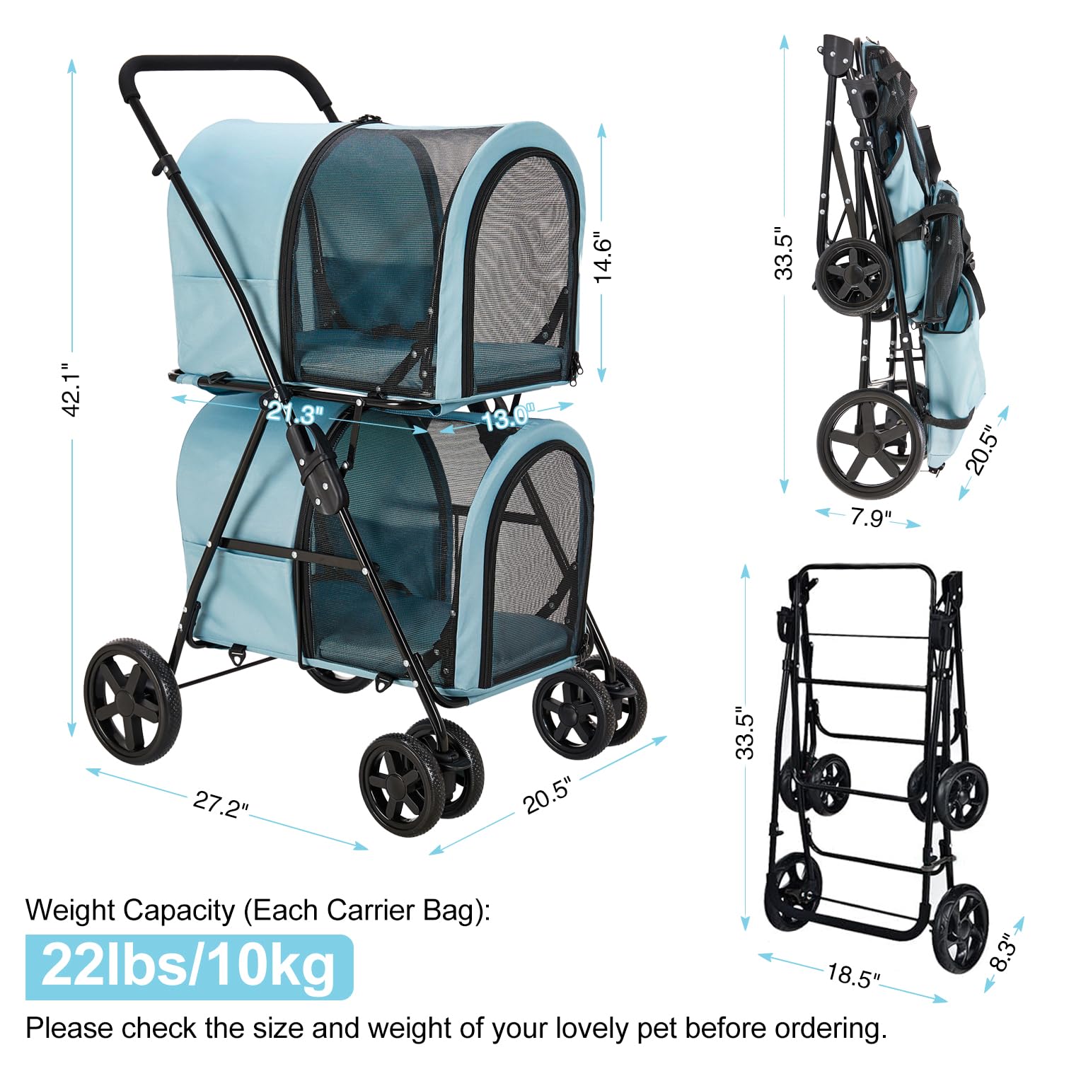 **Double Pet Stroller for Dogs & Cats - 2 Detachable Carriers, Quick-Fold Design for Small & Medium Pets, 4-Wheel Light Blue Stroller - Perfect for Park Walks, Vet Visits & Travel**