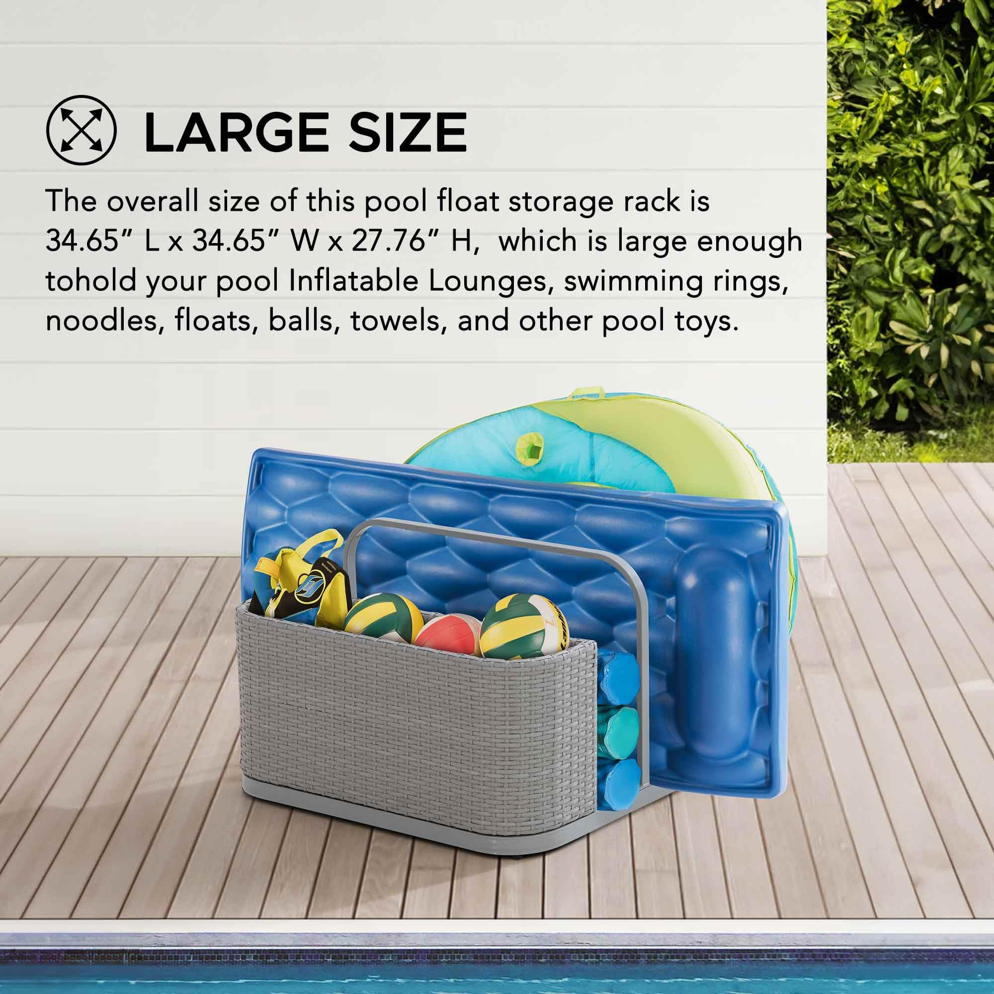 Sunjoy 35-Inch Rust-Proof Aluminum Pool Float Storage Rack | Outdoor Wicker Poolside Organizer for Cushions, Floaties, Noodles & Pool Toys | Grey | Perfect for Backyard, Pool Deck & Patio Organization