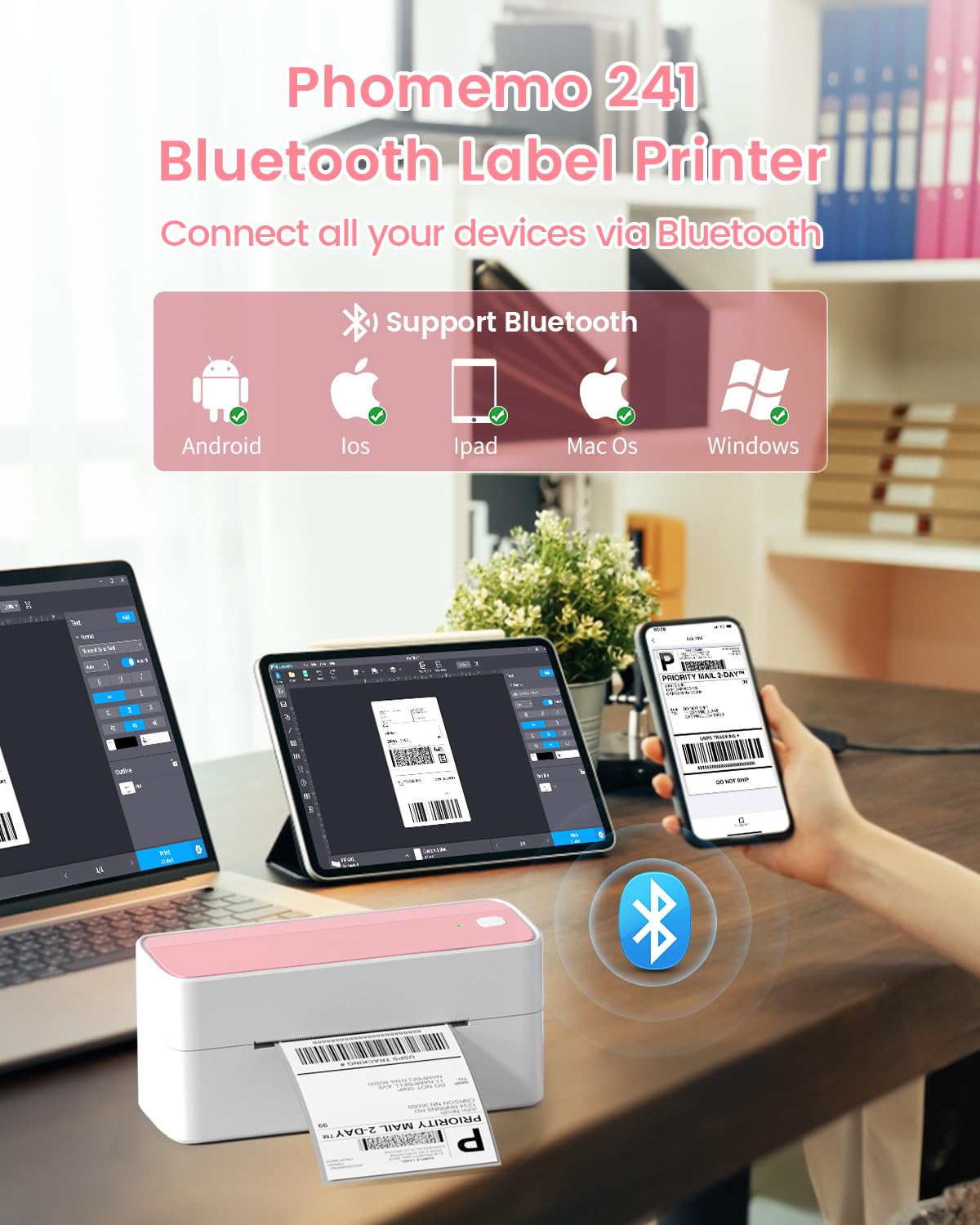 Phomemo 241BT 4x6 Bluetooth Thermal Label Printer for Shipping, Business & E-commerce – Compatible with UPS, Amazon, DHL, Shopify, eBay – Perfect for Warehouse, Retail & Home Office Use – Pink