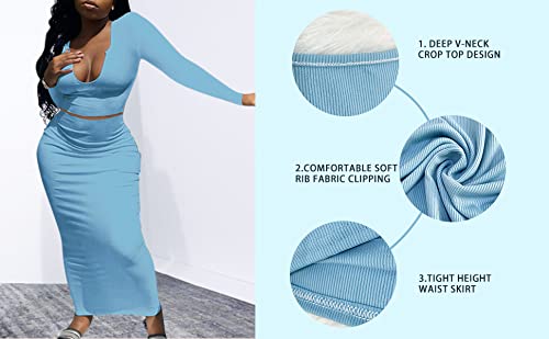 Sexy Women's Two-Piece Skirt Outfit - Long Sleeve/Sleeveless V-Neck Bodycon Ribbed Knit Maxi Dress for Club, Party & Evening Wear | Perfect for Date Night, Cocktail Events & Night Out