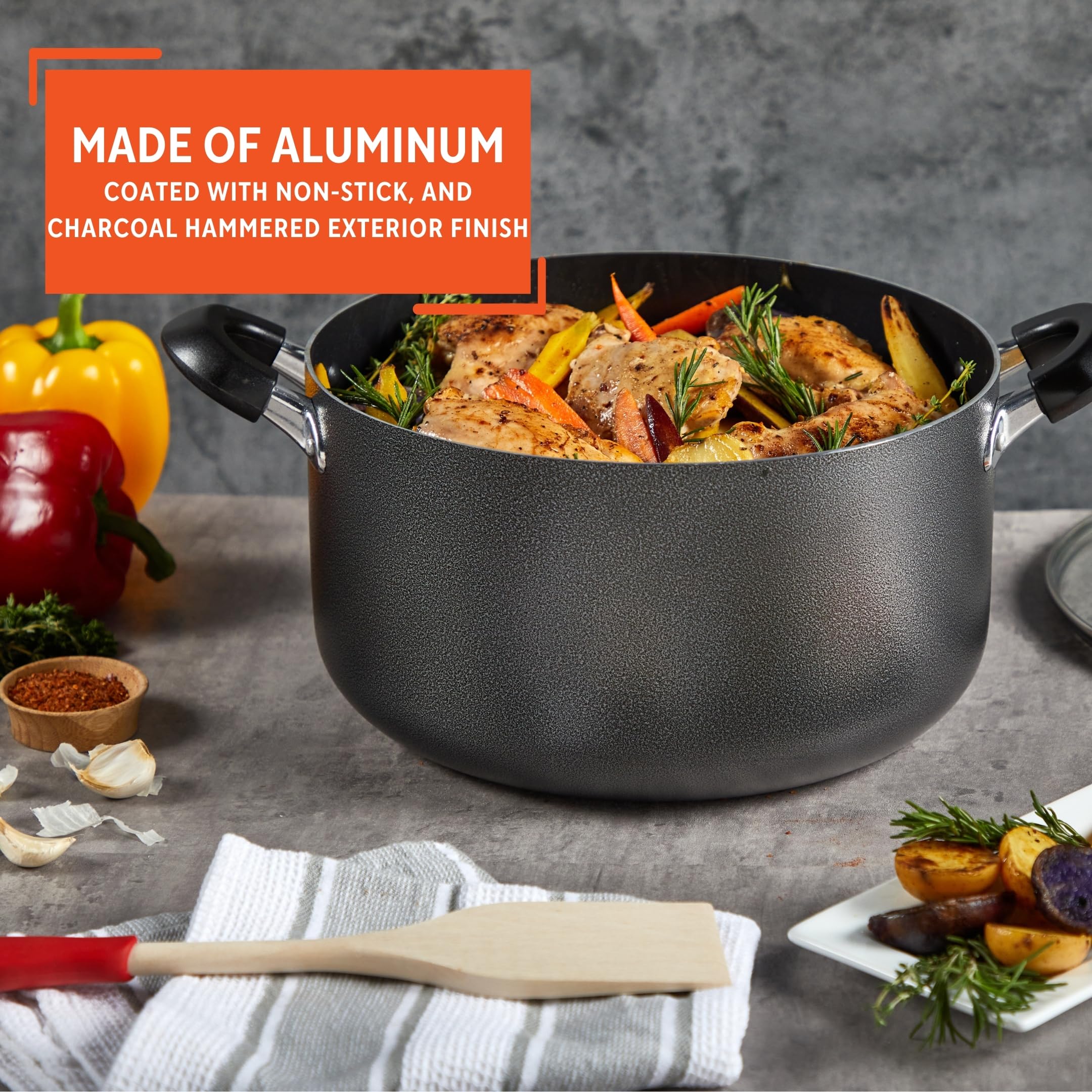 IMUSA USA 10 Quart Nonstick Hammered Exterior Dutch Oven with Glass Lid, Gray - Perfect for Braising, Stewing, and Slow Cooking Soups & Stews