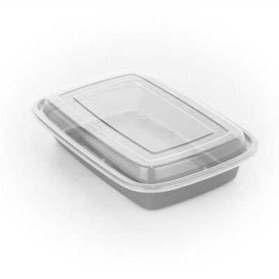 28 oz Rectangle Silver Plastic To-Go Food Containers with Clear Lids - Microwave Safe, 8.75