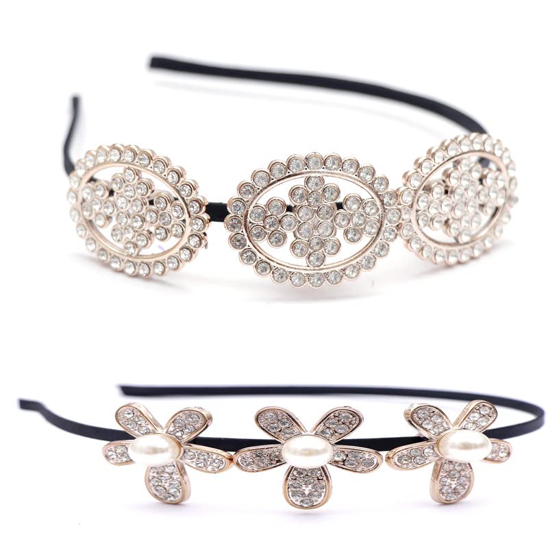 NAVMAV Flaux Pearl Fashion Headbands - Crystal Rhinestones Vintage Hair Accessories for Women & Girls, Bridal Wedding Party Hair Hoop (Pack of 2) | Elegant Headdress for Special Occasions, Prom, and Daily Styling
