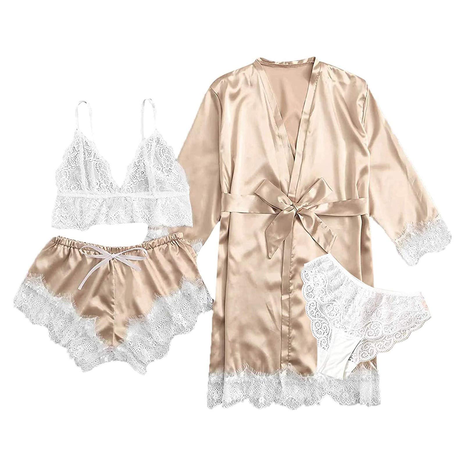 Floral Lace Satin Pajama Set for Women - 4Pcs Lounge Wear with Robe for Sleep & Relaxation