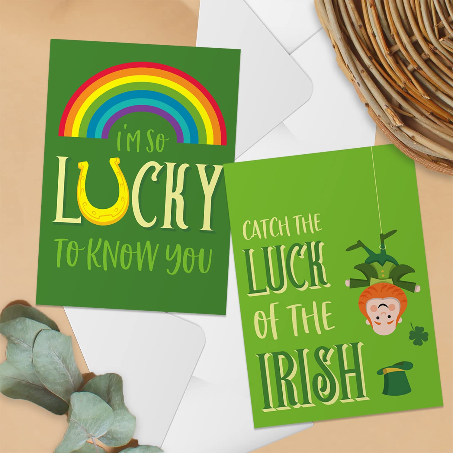12 Pack St. Patrick's Day Greeting Cards - 5x7 Inch Illustrated Shamrock & Leprechaun Designs with White Envelopes - USA Made for St. Patty's Celebrations, Irish Themed Parties & Lucky Wishes