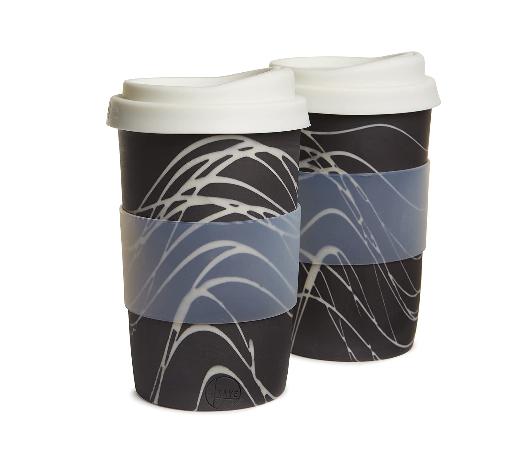 Handmade Ceramic Travel Cups with Silicone Lid & Cuff - 12-14oz Porcelain Coffee Mugs for Home, Car & Coffee Shops - Dishwasher Safe - Black & White Swirl Design - Perfect for Commuting, Camping & Office Use