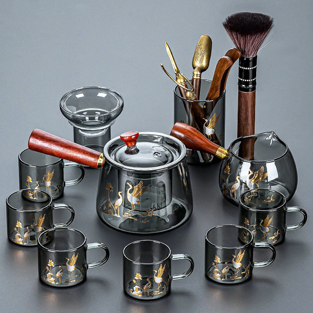 Premium Ink Glass Tea Set with Golden Crane Design - Elegant Ceramic Teapot & Cups for Home, Office, or Gift - Perfect for Chinese Tea Ceremonies, Afternoon Tea, and Relaxation