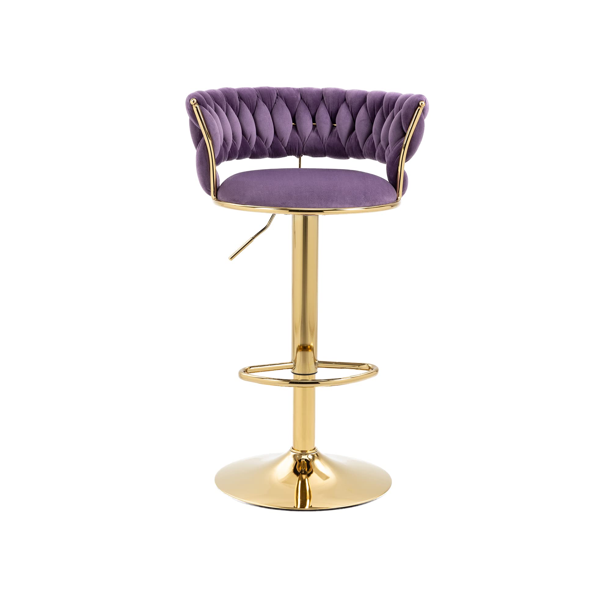 RXR Velvet Bar Stools Set of 2 - Adjustable Height 360° Swivel Stools with Golden Footrest for Kitchen, Pub & Café (Purple) | Perfect for Entertaining, Dining & Small Spaces