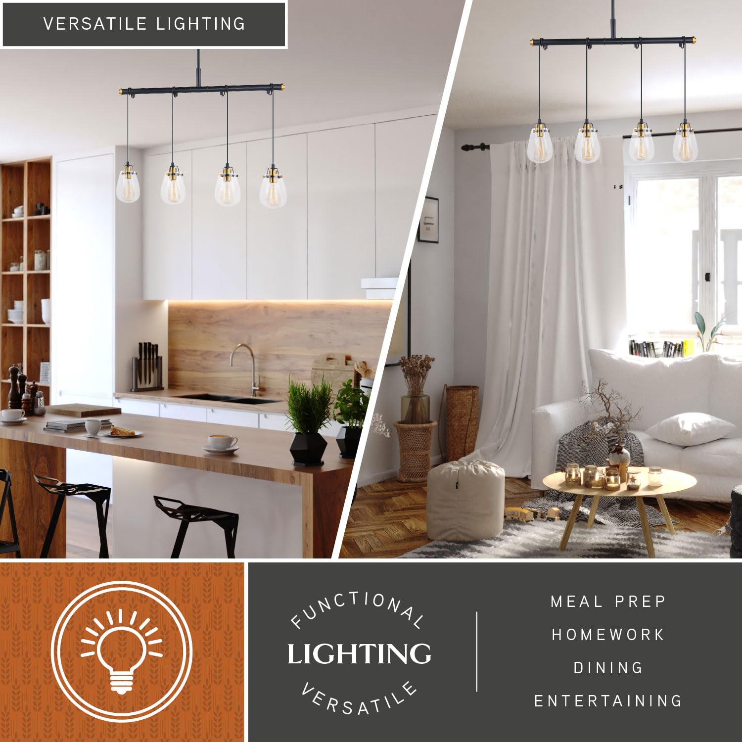 VAXCEL Kassidy 4-Light Black Industrial Linear Teardrop Chandelier Island Pendant Light Fixture with Clear Glass Shades - Perfect for Kitchen Islands, Dining Rooms, and Modern Farmhouse Decor