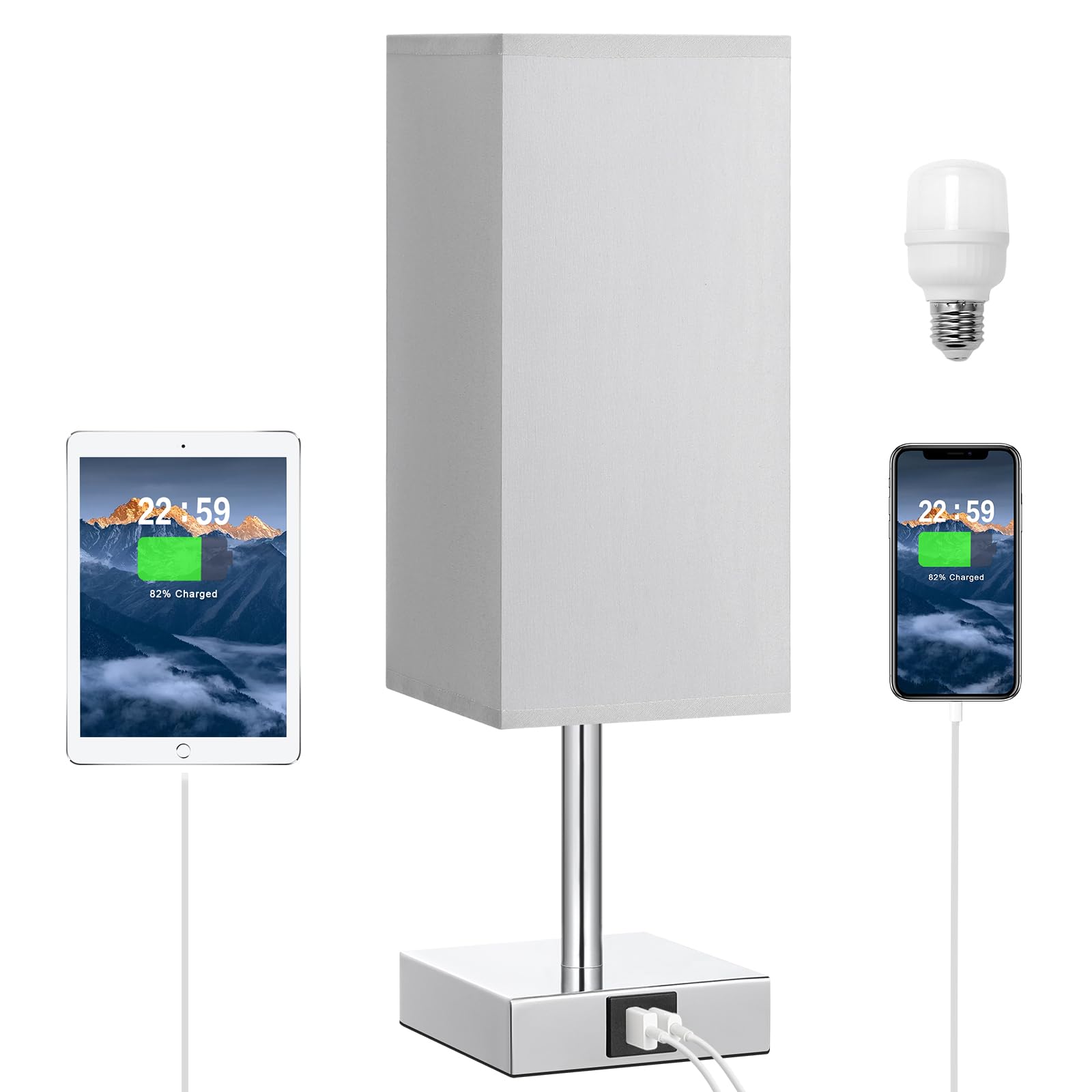 Aooshine Touch Control Bedside Lamp with USB A+C Charging Ports, 3-Way Dimmable LED Table Lamp for Bedroom & Living Room - Grey Fabric Shade (Bulb Included) | Perfect for Night Reading, Home Office & Cozy Lighting