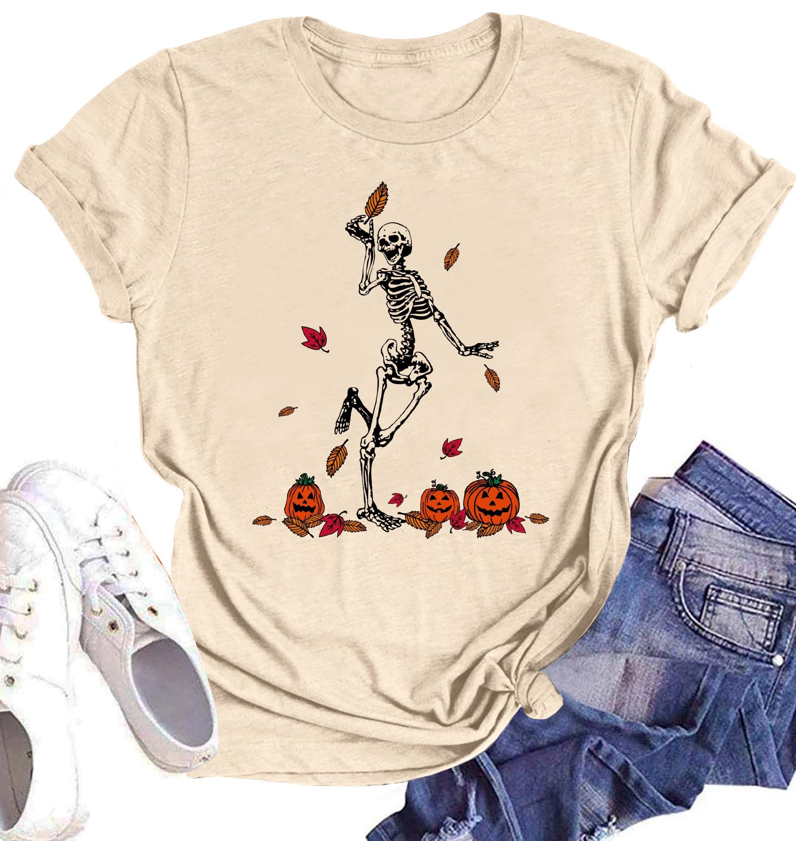 Women's Happy Halloween Dancing Skeleton T-Shirt - Fall Skull Graphic Tee Top Blouse Gift for Parties & Costume Events