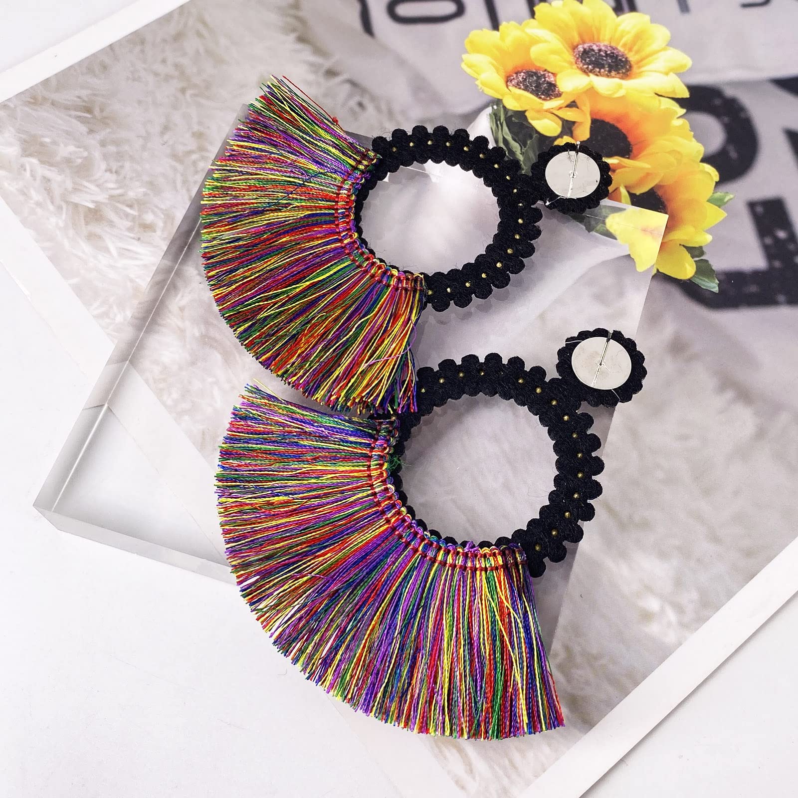 Boho Crystal Tassel Earrings for Women - Sparkly Scalloped Cotton Thread Statement Earrings 3.34