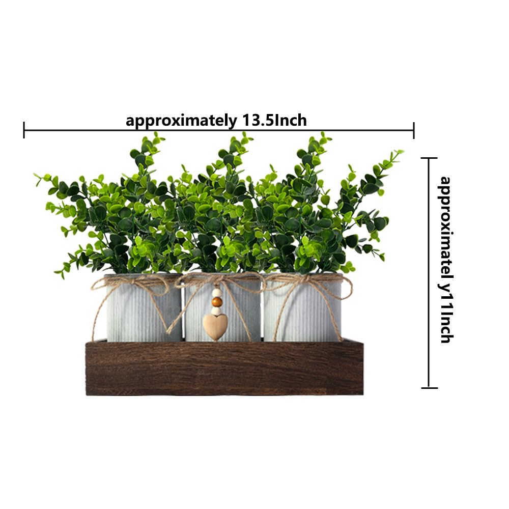 Frosty Green Eucalyptus Artificial Flower Arrangement with 3 Rustic Metal Pots & Wood Tray - Farmhouse Table Centerpiece for Wedding, Dining Room, and Home Décor