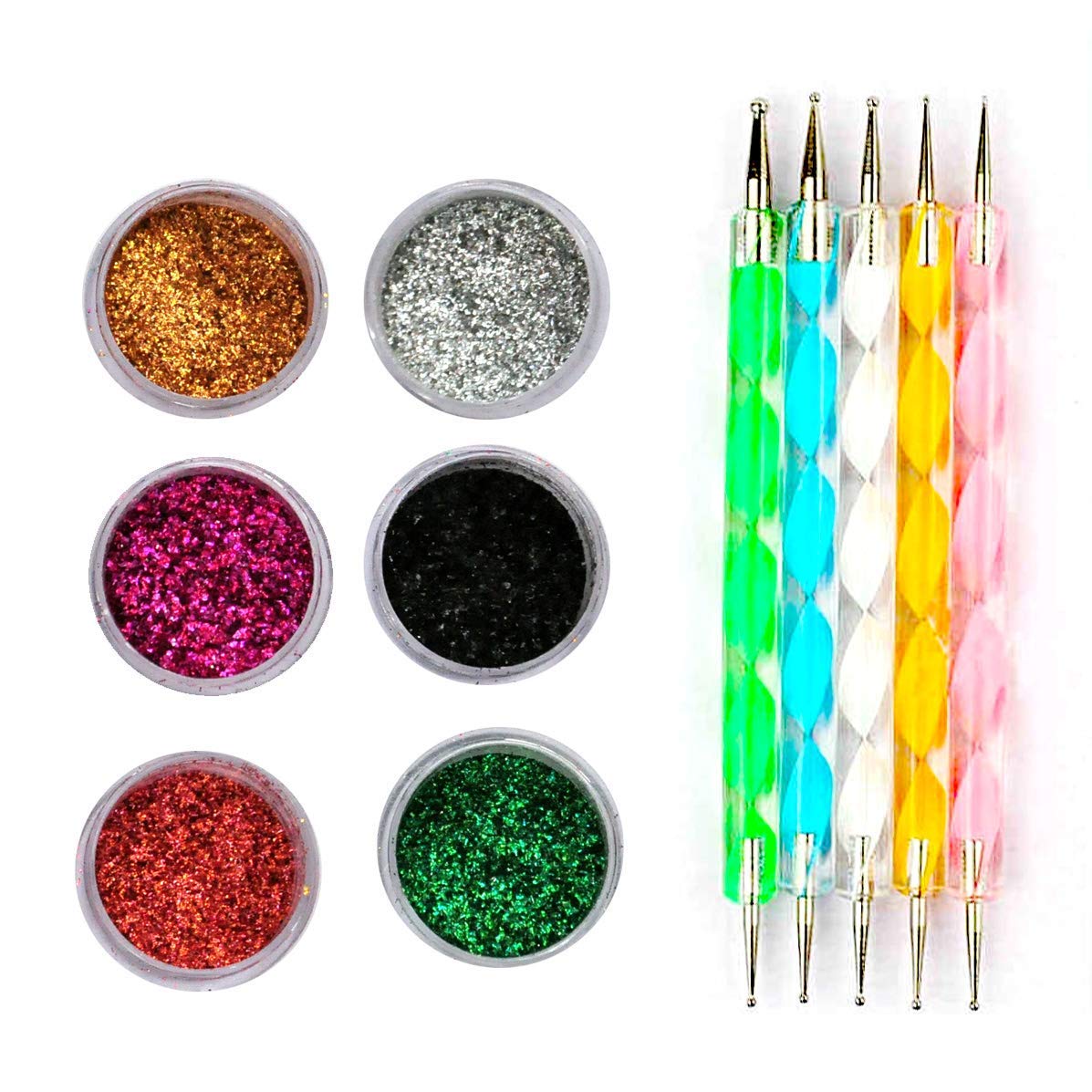 Vozwa 6-Piece Colorful Sparkle Nail Glitter Powder Set with 5-Piece Nail Art Dotting Tools Kit for DIY Manicure, Nail Decoration, and Professional Salon Use