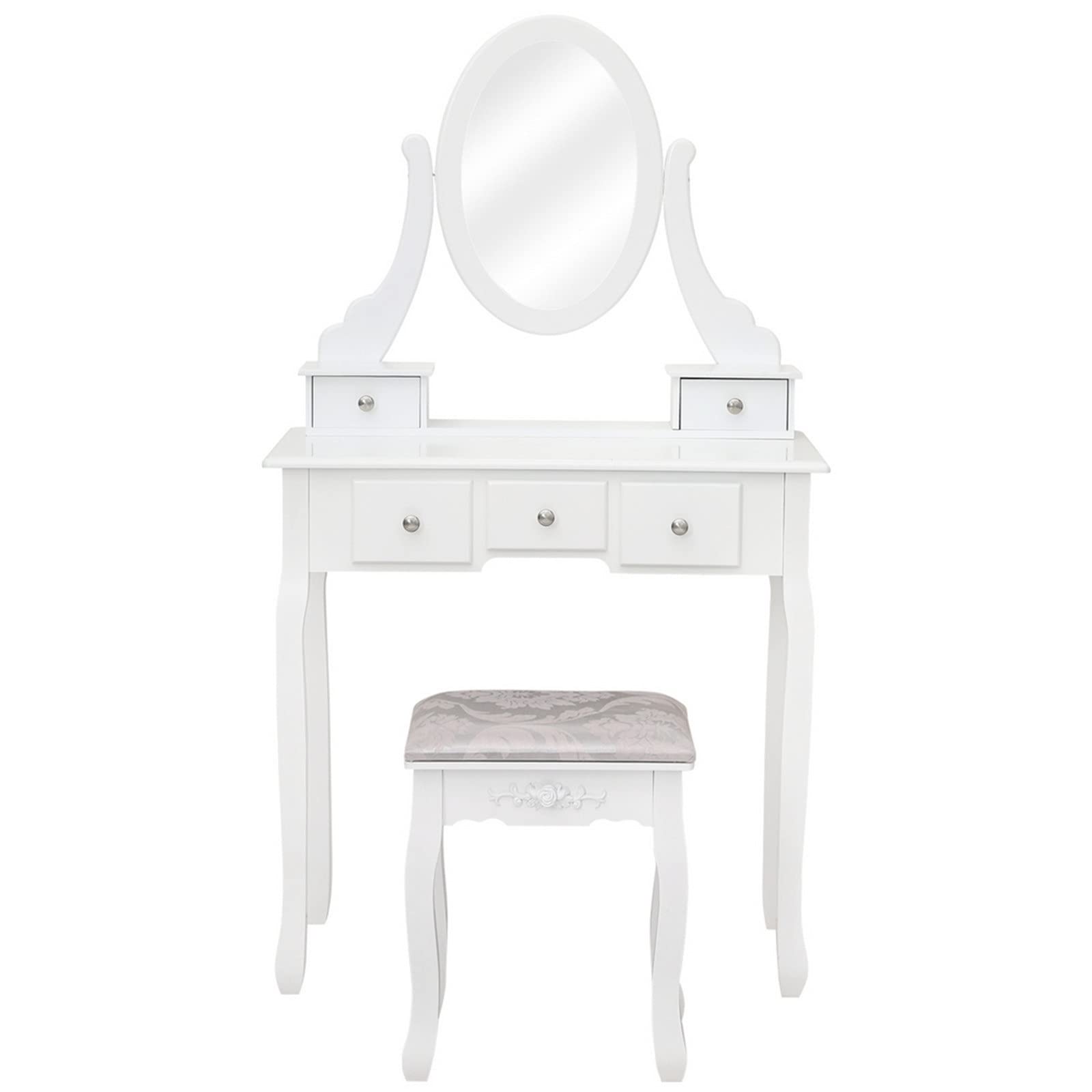 Mid-Century Modern Makeup Vanity with Oval Mirror & Stool - 5 Drawers for Bedroom Decor
