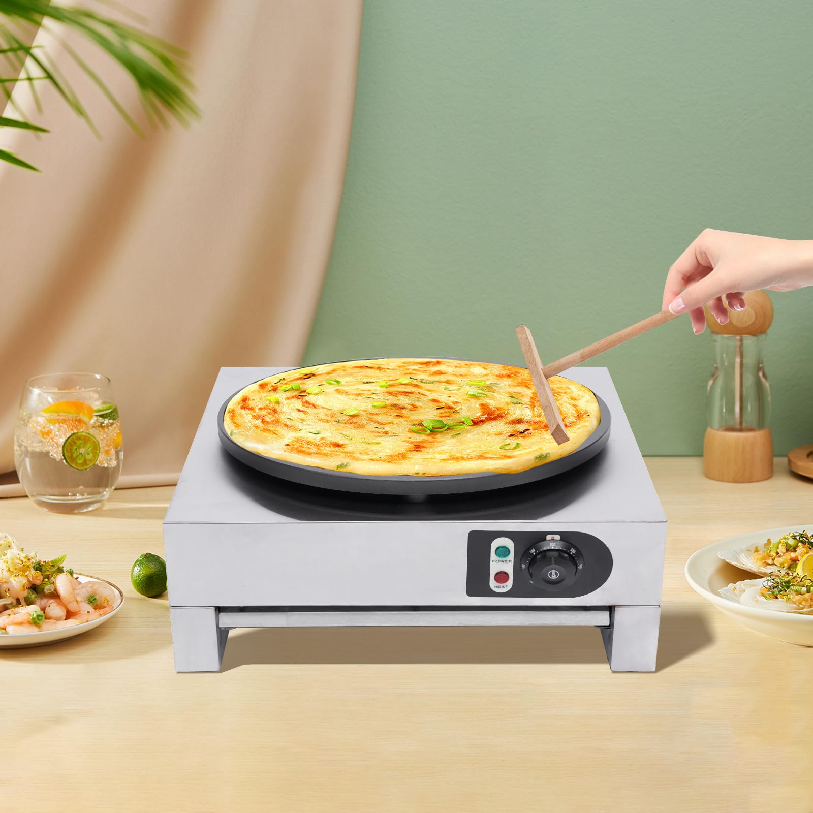 1500W Commercial Electric Crepe Maker - 16 Inch Nonstick Pancake Griddle with Adjustable Temperature (50-300°C/122-572°F) - Automatic Pancake Machine for Restaurants, Cafes & Catering Events