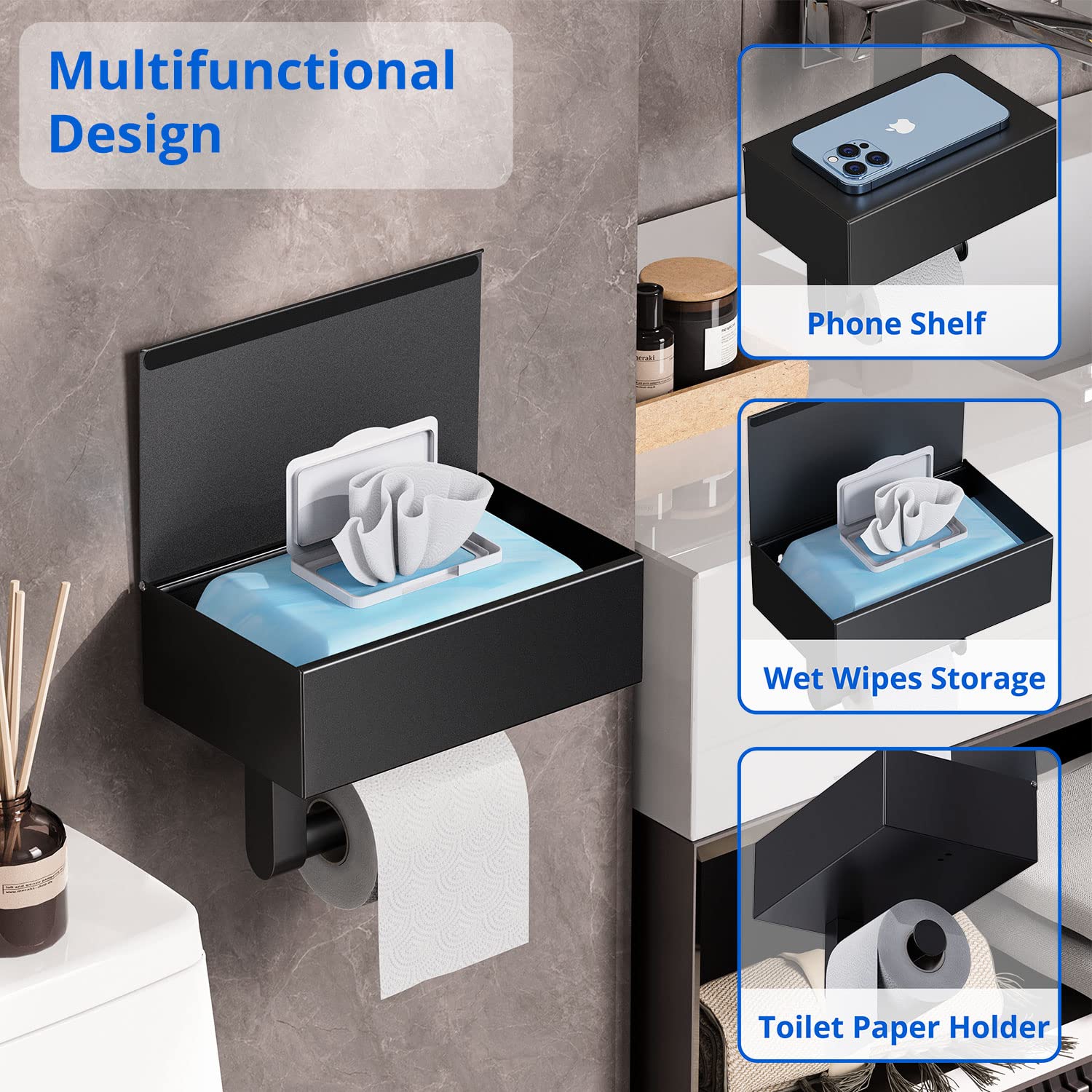 Stainless Steel Toilet Paper Holder with Shelf & Wipes Dispenser - Wall Mount Bathroom Organizer for Toilet Paper & Flushable Wipes Storage | Matte Black Finish | Perfect for Small Bathrooms & Powder Rooms