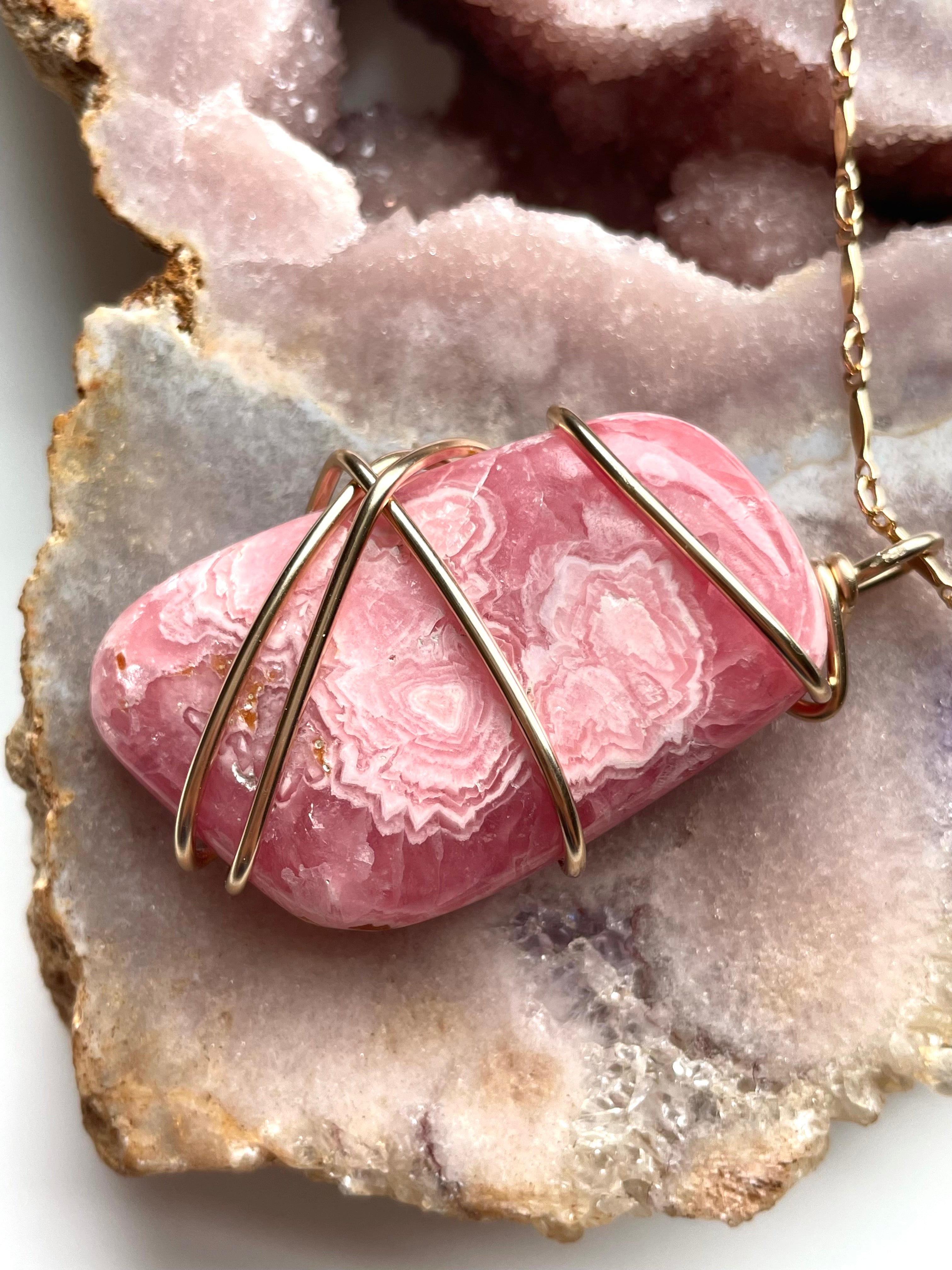 Large Pink Rhodochrosite Statement Stone Pendant Necklace - 14K Gold Filled Jewelry for Women - Perfect for Weddings, Parties & Special Occasions