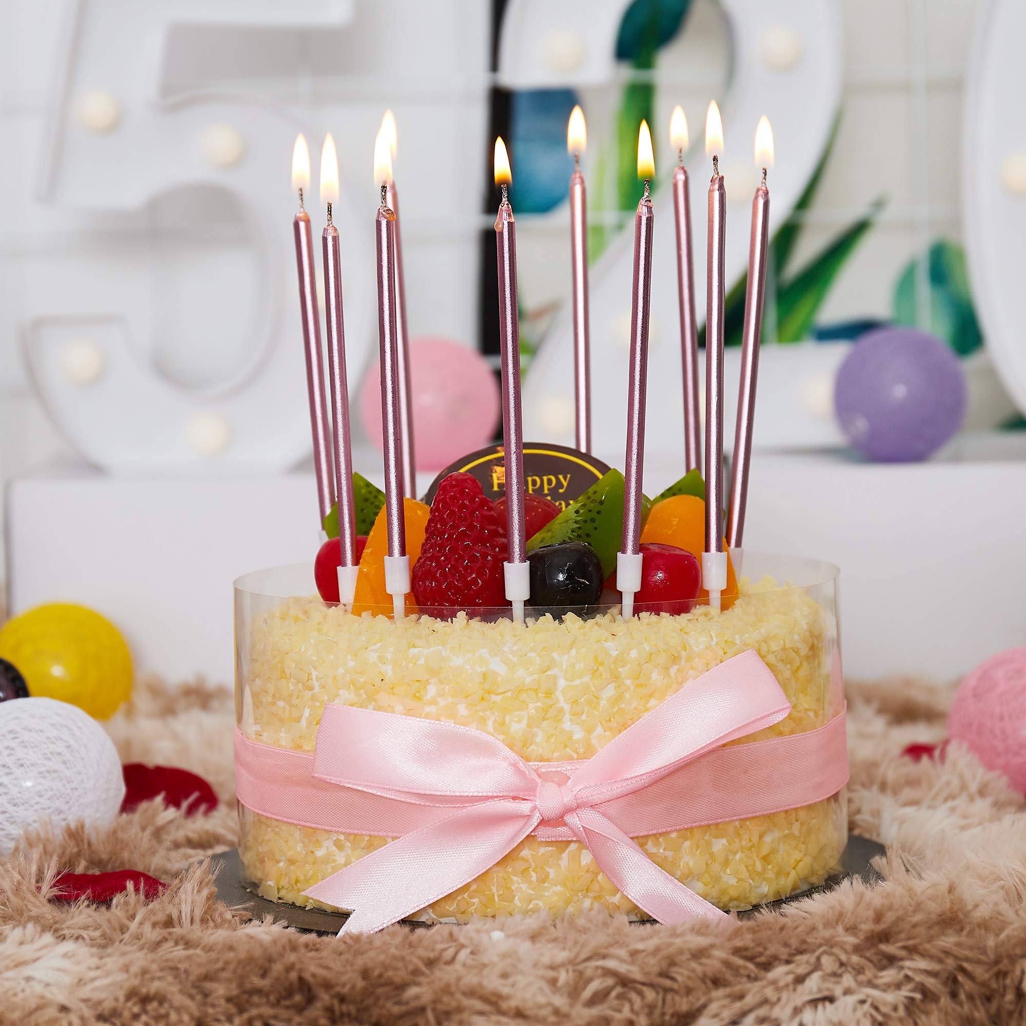 24-Pack Metallic Pink Birthday Candles - Slow Burning Happy Birthday Cake Candles with Holders for Cupcakes & Cakes | Perfect for Wedding Parties, Birthday Celebrations & Lucky Events
