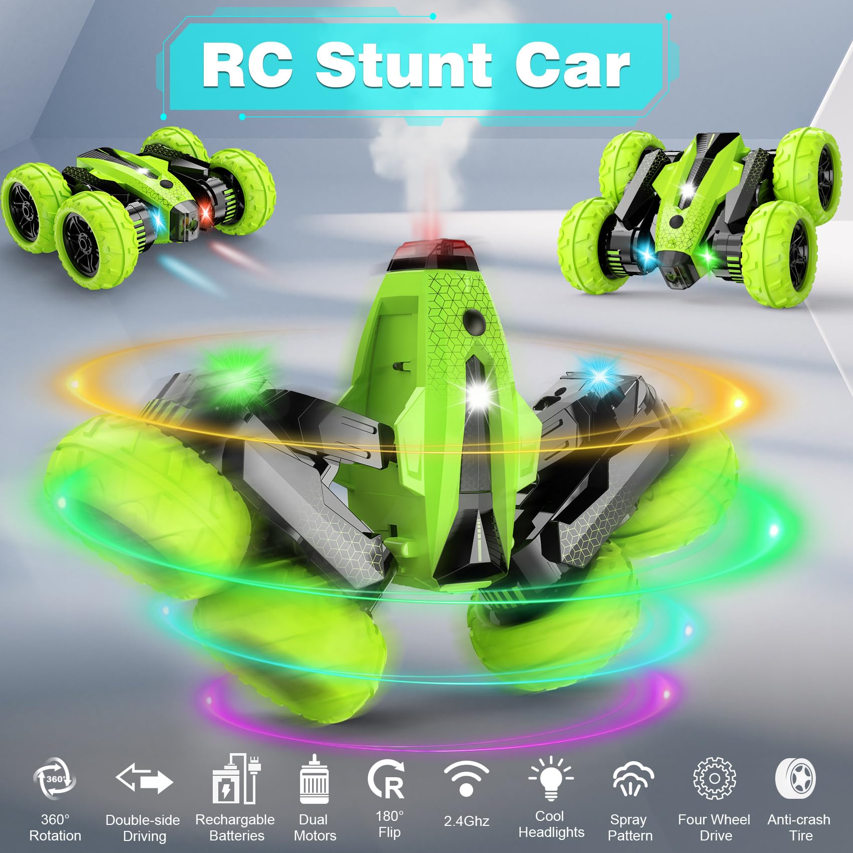 2.4Ghz RC Stunt Car - 360° Rotating Truck with Headlights & Music for Kids Outdoor Play