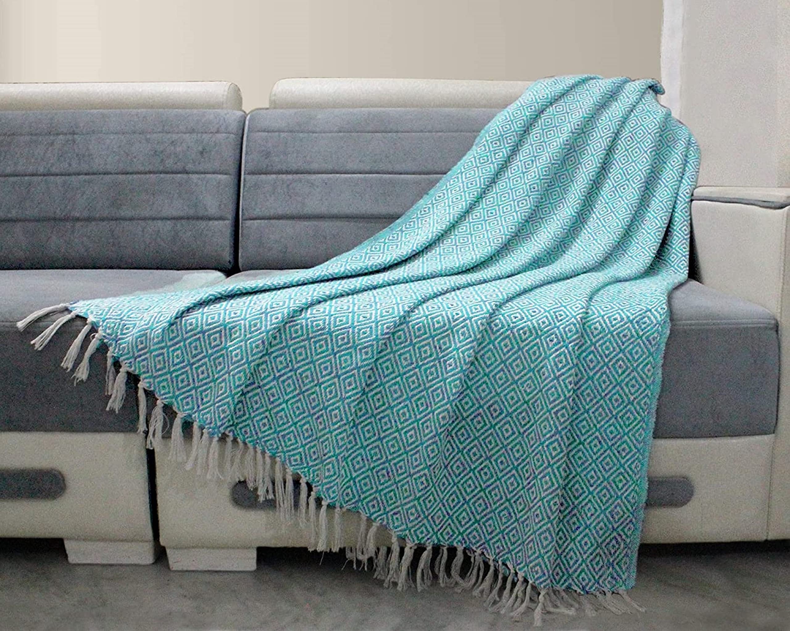 RAJRANG 50x60 Inches Soft 100% Cotton Boho Throw Blanket with Tassels - Farmhouse Decorative Blanket for Bed, Sofa & Couch in Caribbean Sea Blue - Perfect for Cozy Evenings, Home Decor & Gift Giving