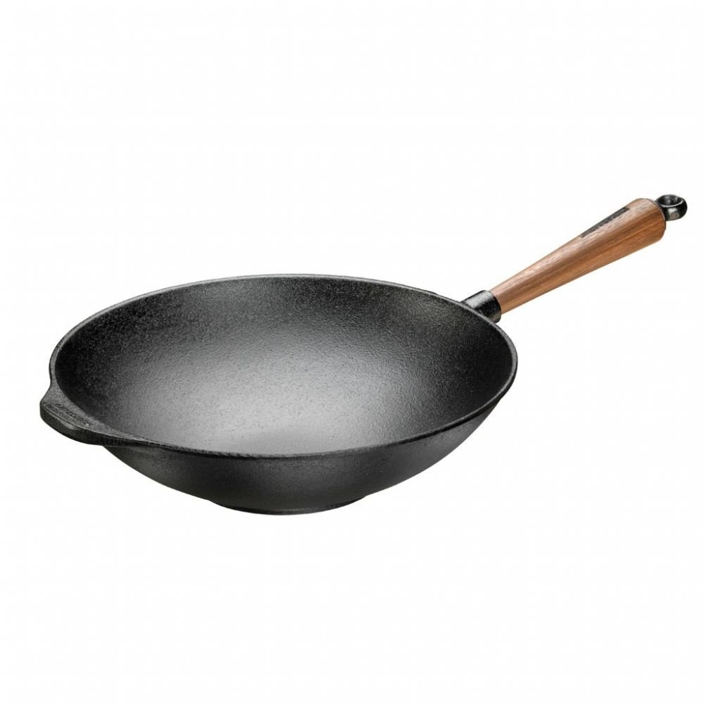 SKEPPSHULT Cast Iron Wok Pan - 30cm/12 Inch Pre-Seasoned Heavy Duty Wok for Stir Frying, Sautéing & Asian Cooking - Perfect for Gas, Electric & Induction Stovetops